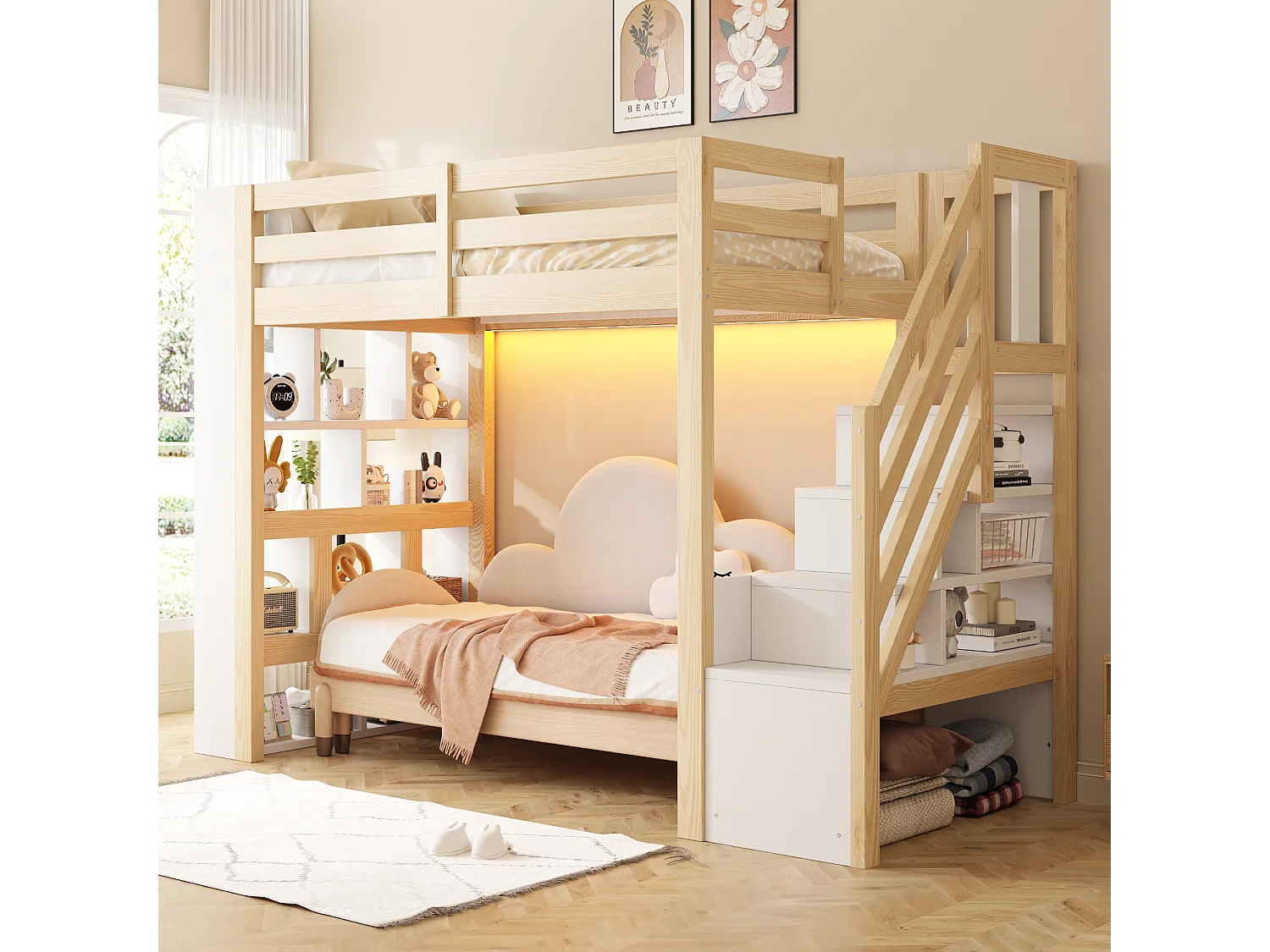 Lit mezzanine en bois 90 x 200 cm – avec étagères – avec escalier de rangement – ​​avec éclairage LED – Blanc + Naturel(matelas non inclus)