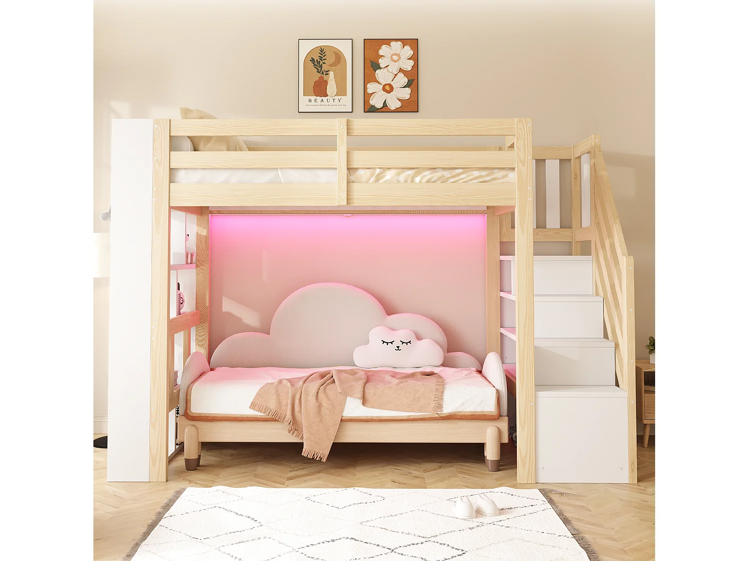 Lit mezzanine en bois 90 x 200 cm – avec étagères – avec escalier de rangement – ​​avec éclairage LED – Blanc + Naturel(matelas non inclus)