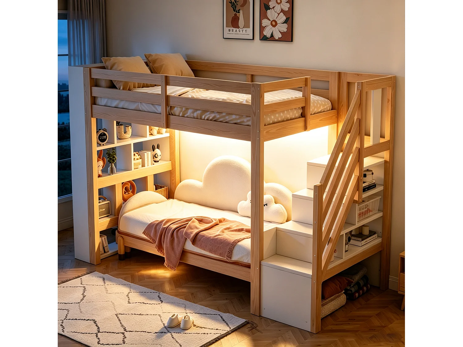 Lit mezzanine en bois 90 x 200 cm – avec étagères – avec escalier de rangement – ​​avec éclairage LED – Blanc + Naturel(matelas non inclus)
