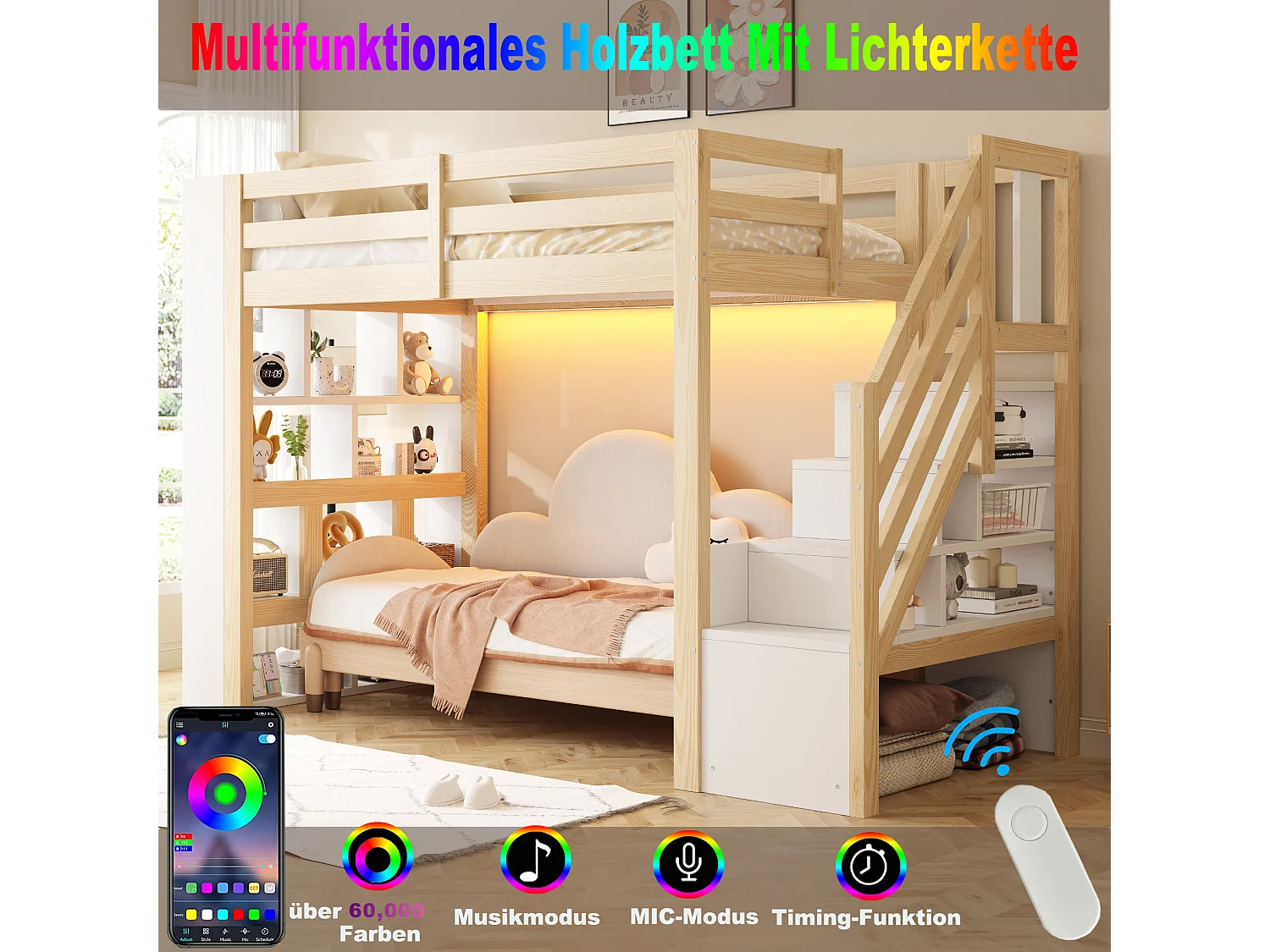 Lit mezzanine en bois 90 x 200 cm – avec étagères – avec escalier de rangement – ​​avec éclairage LED – Blanc + Naturel(matelas non inclus)