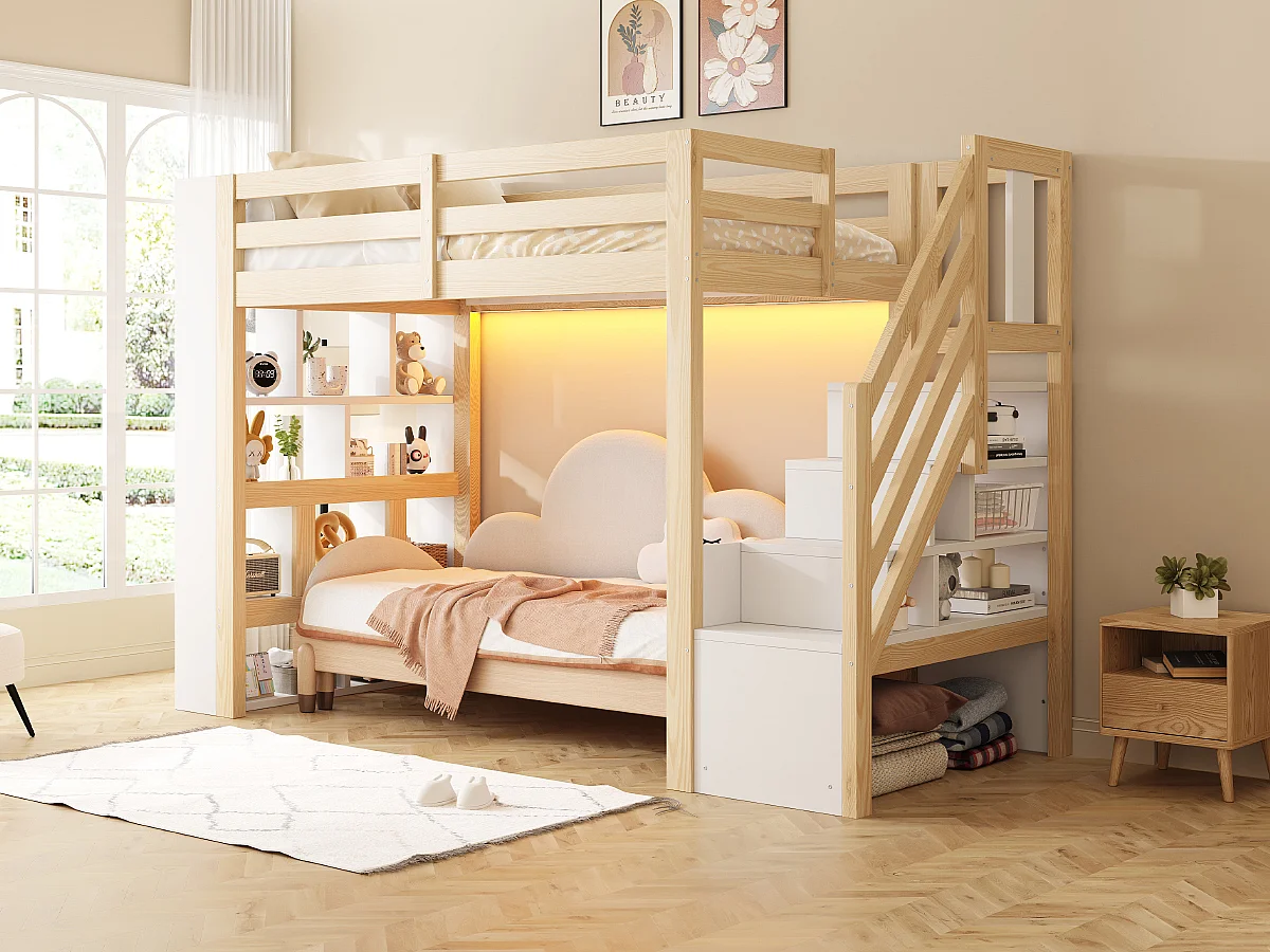Lit mezzanine en bois 90 x 200 cm – avec étagères – avec escalier de rangement – ​​avec éclairage LED – Blanc + Naturel(matelas non inclus)