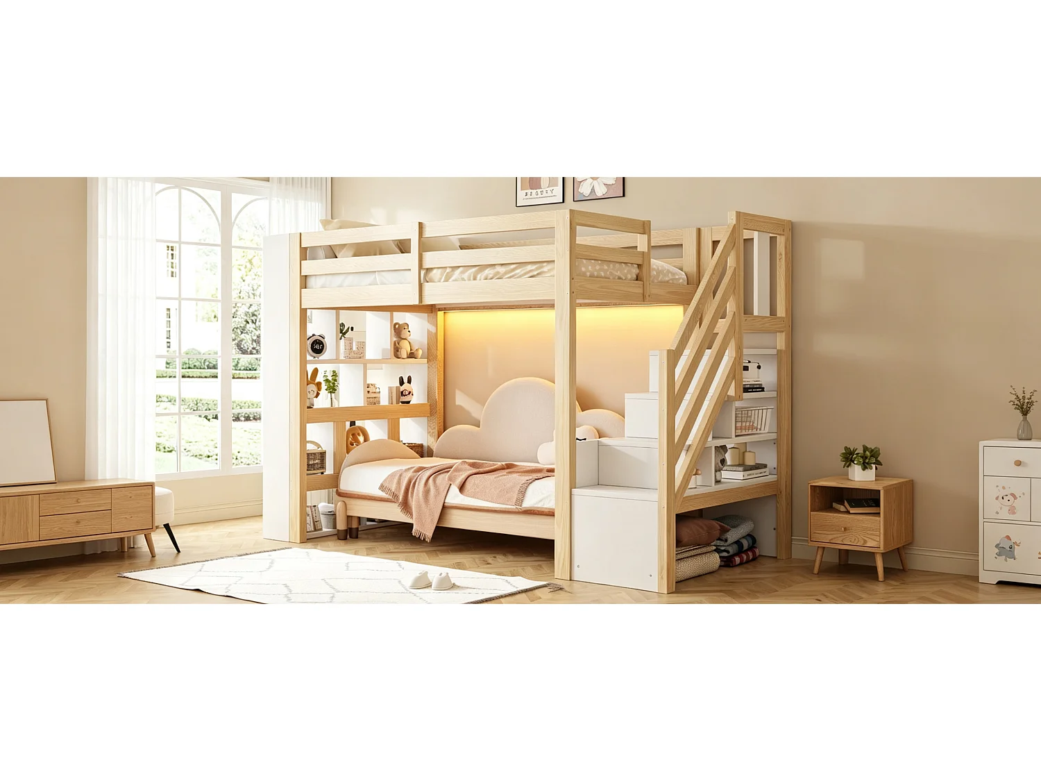 Lit mezzanine en bois 90 x 200 cm – avec étagères – avec escalier de rangement – ​​avec éclairage LED – Blanc + Naturel(matelas non inclus)