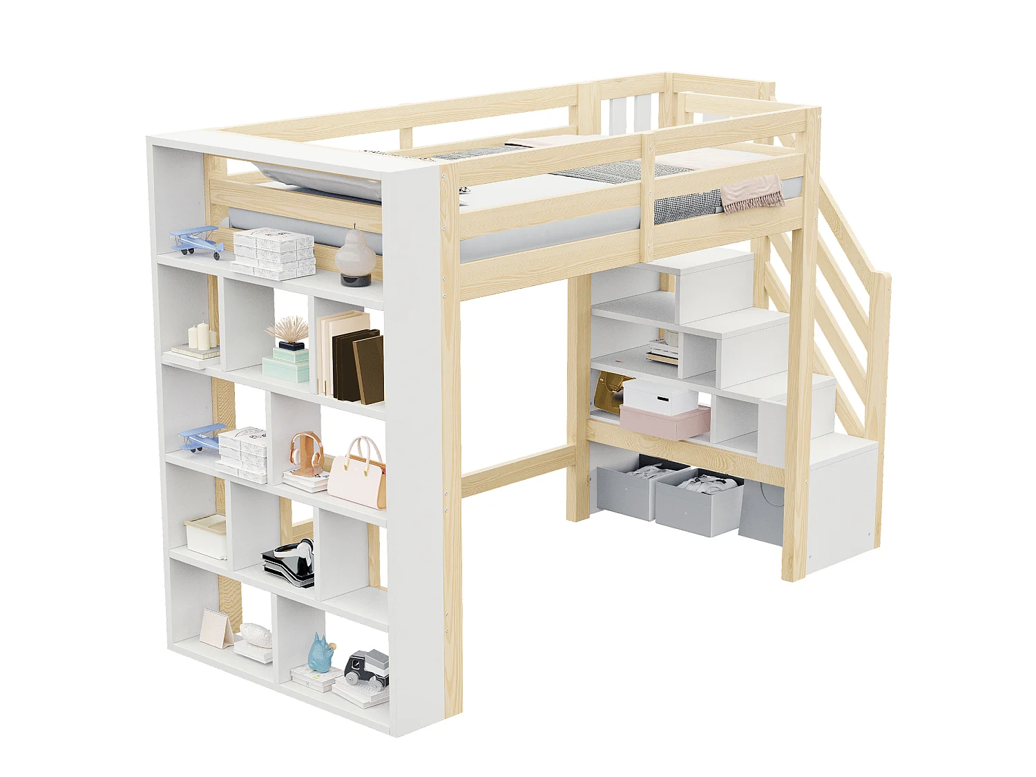 Lit mezzanine en bois 90 x 200 cm – avec étagères – avec escalier de rangement – ​​avec éclairage LED – Blanc + Naturel(matelas non inclus)