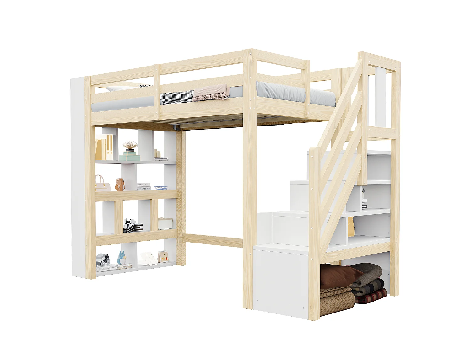 Lit mezzanine en bois 90 x 200 cm – avec étagères – avec escalier de rangement – ​​avec éclairage LED – Blanc + Naturel(matelas non inclus)
