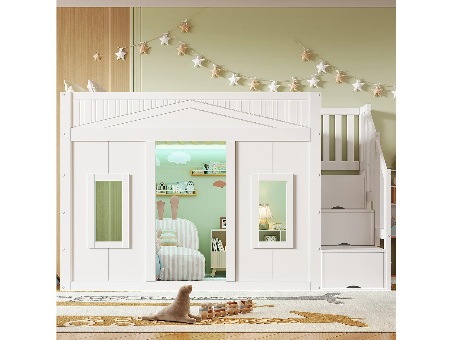 Lit mezzanine 90x200 cm - Avec escalier de rangement et barrières de sécurité - Éclairage LED - Design façon fenêtre - MDF - Blanc