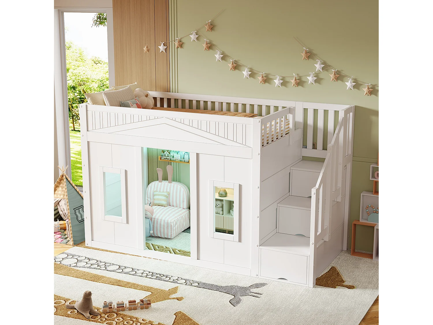 Lit mezzanine 90x200 cm - Avec escalier de rangement et barrières de sécurité - Éclairage LED - Design façon fenêtre - MDF - Blanc