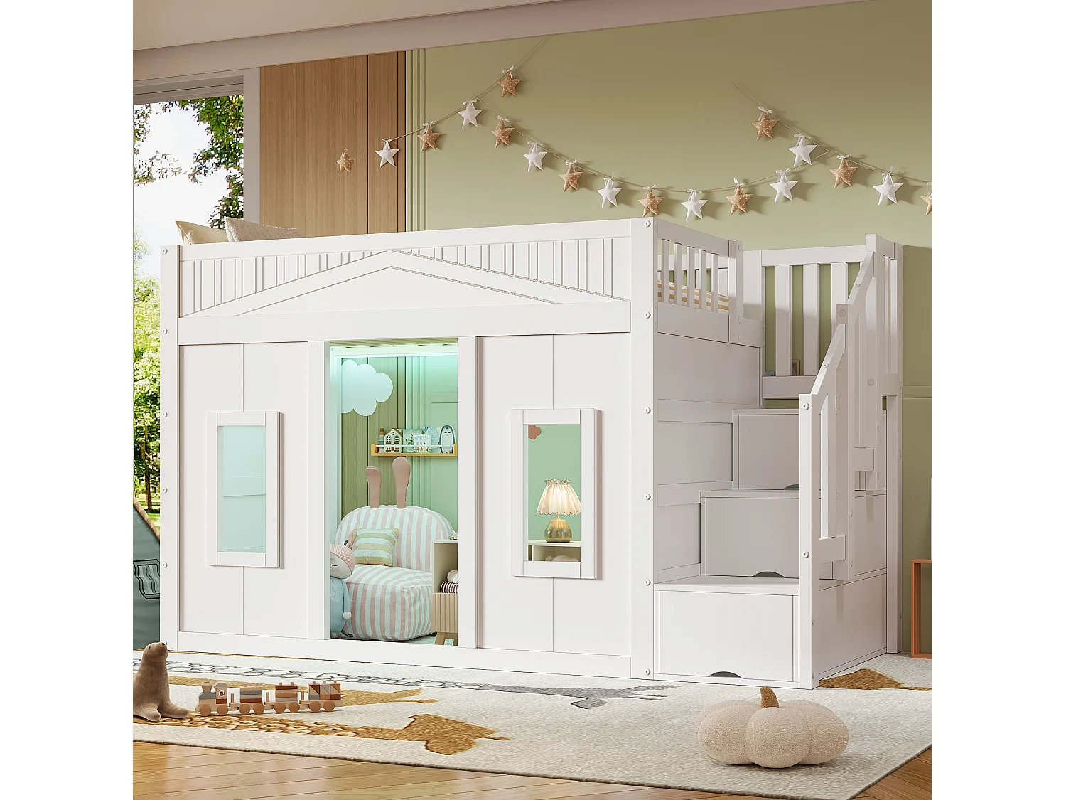 Lit mezzanine 90x200 cm - Avec escalier de rangement et barrières de sécurité - Éclairage LED - Design façon fenêtre - MDF - Blanc