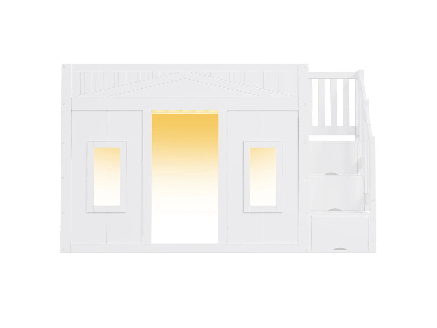 Lit mezzanine 90x200 cm - Avec escalier de rangement et barrières de sécurité - Éclairage LED - Design façon fenêtre - MDF - Blanc