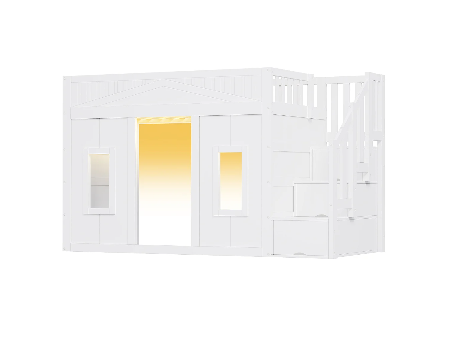 Lit mezzanine 90x200 cm - Avec escalier de rangement et barrières de sécurité - Éclairage LED - Design façon fenêtre - MDF - Blanc