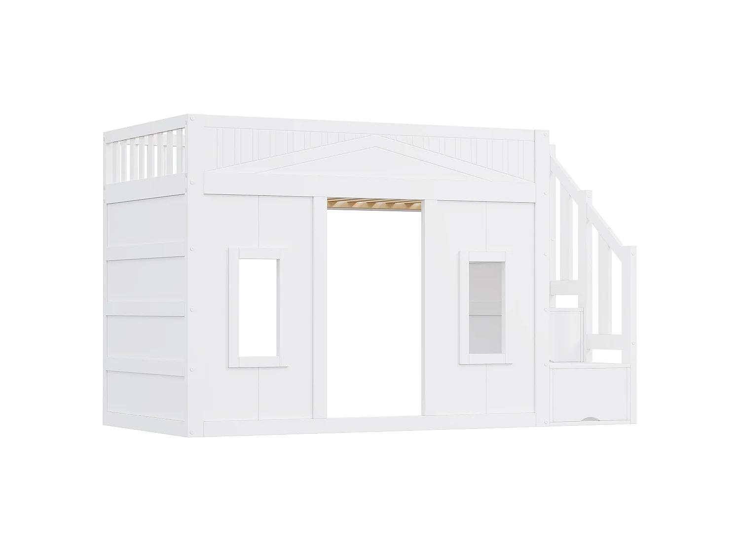 Lit mezzanine 90x200 cm - Avec escalier de rangement et barrières de sécurité - Éclairage LED - Design façon fenêtre - MDF - Blanc