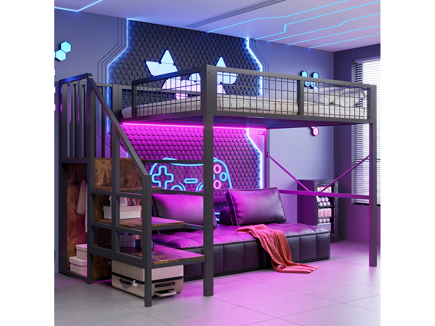Lit mezzanine en métal 140 x 200 cm - avec échelle - avec éclairage LED - avec barrières de sécurité - noir (matelas non inclus)
