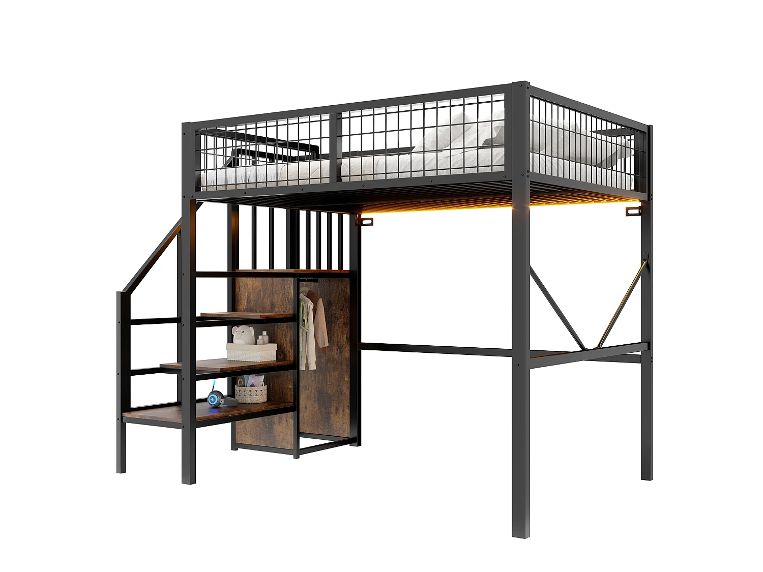 Lit mezzanine en métal 140 x 200 cm - avec échelle - avec éclairage LED - avec barrières de sécurité - noir (matelas non inclus)