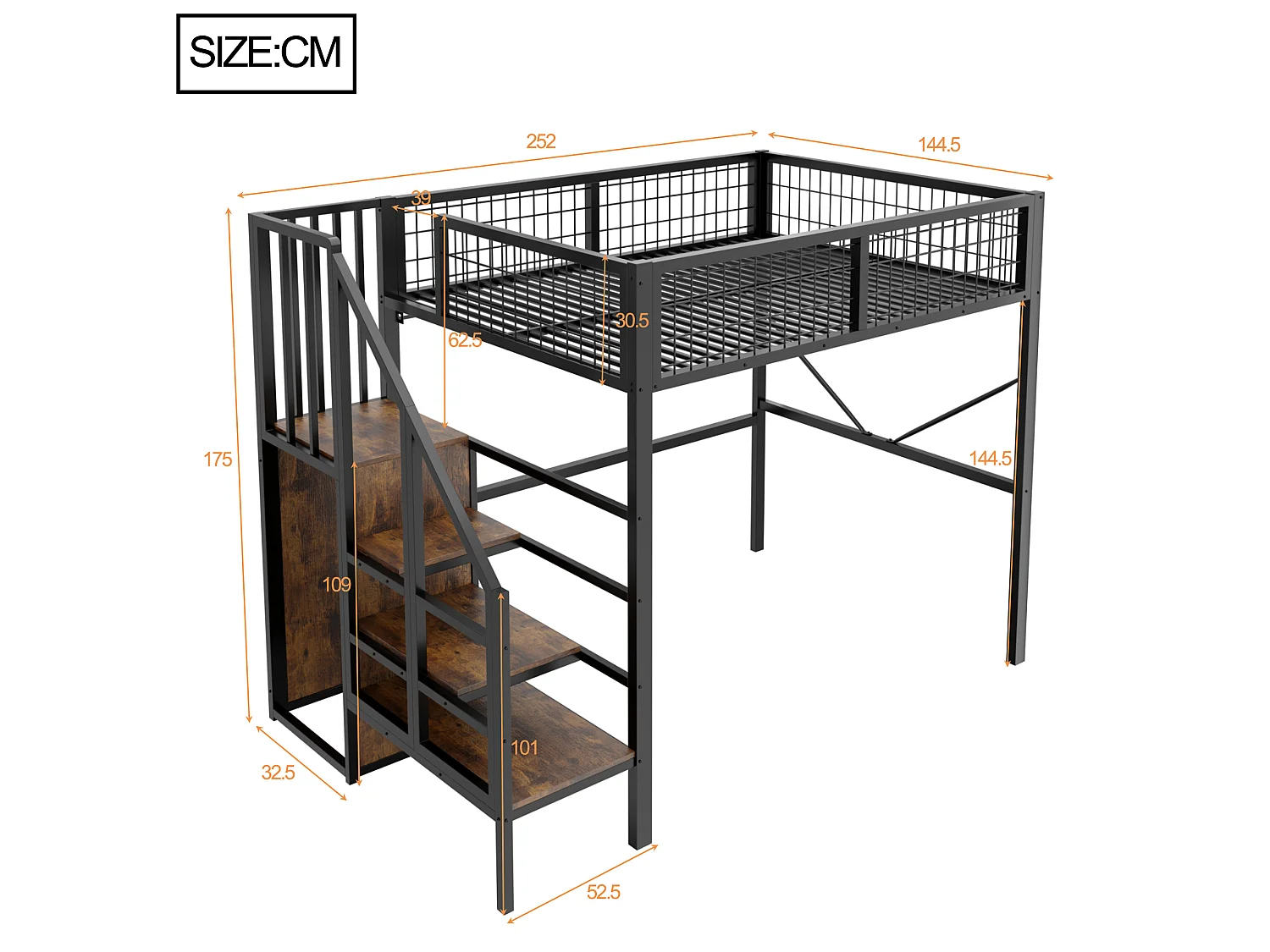 Lit mezzanine en métal 140 x 200 cm - avec échelle - avec éclairage LED - avec barrières de sécurité - noir (matelas non inclus)