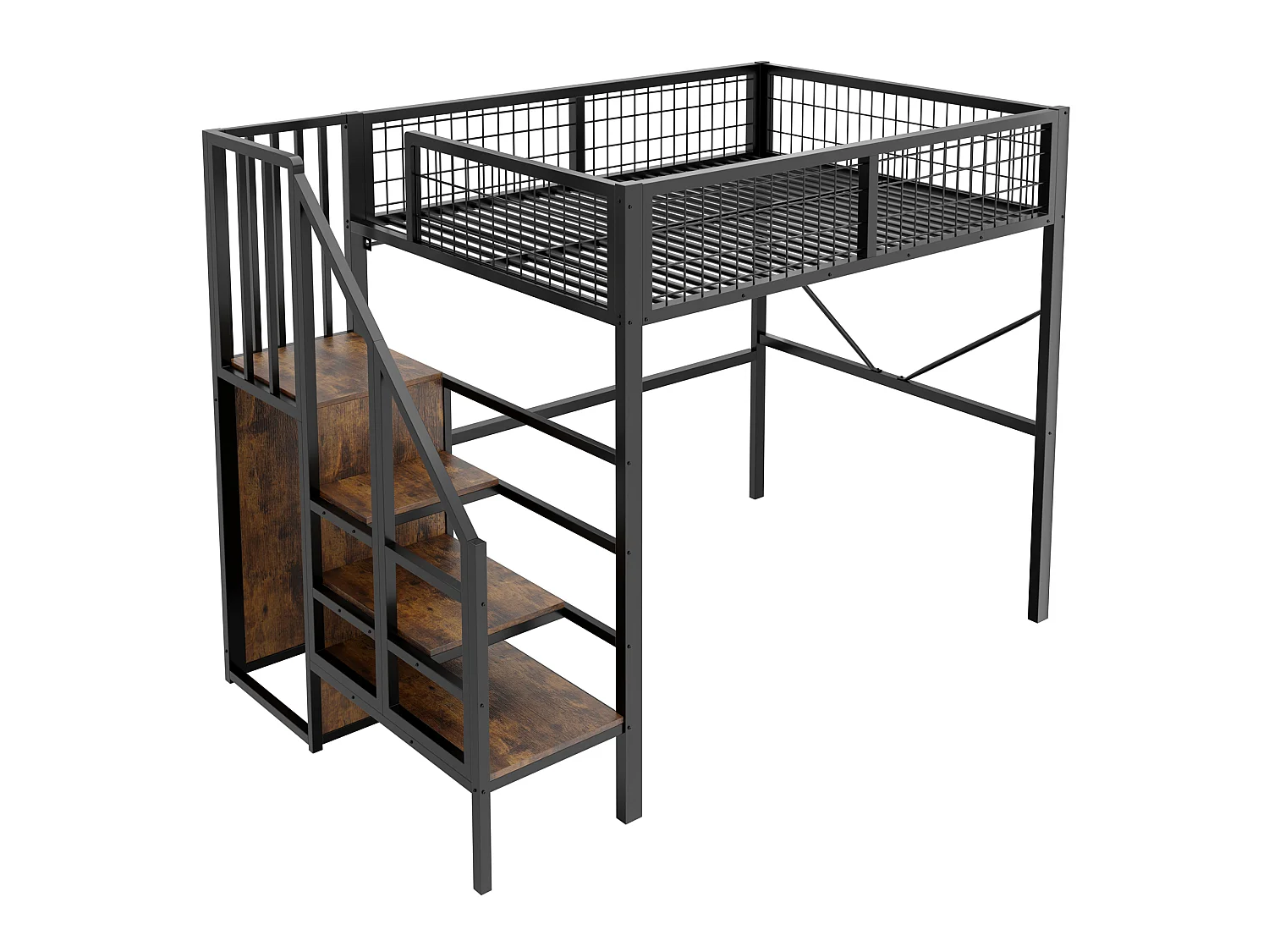 Lit mezzanine en métal 140 x 200 cm - avec échelle - avec éclairage LED - avec barrières de sécurité - noir (matelas non inclus)