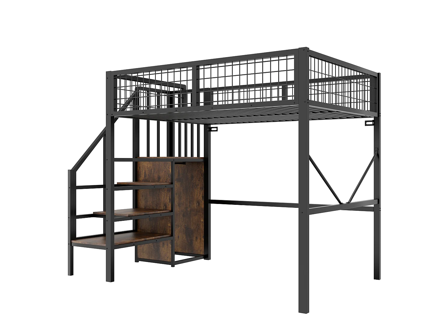 Lit mezzanine en métal 140 x 200 cm - avec échelle - avec éclairage LED - avec barrières de sécurité - noir (matelas non inclus)