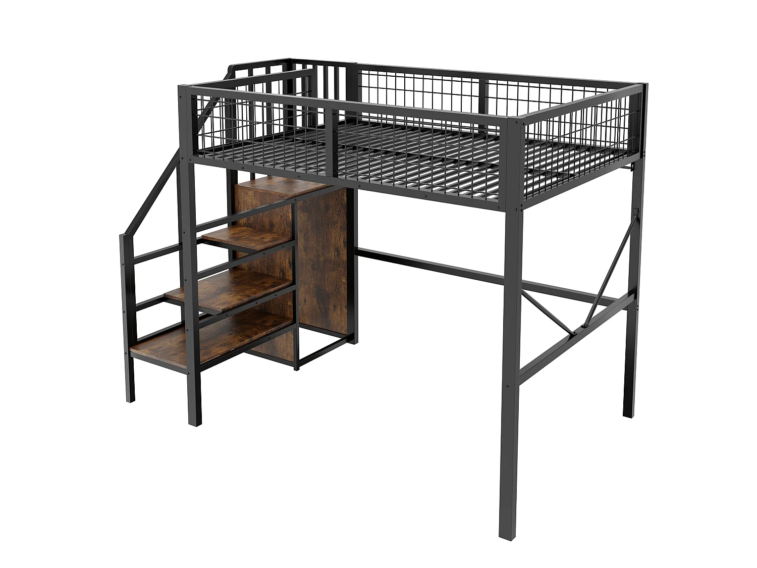 Lit mezzanine en métal 140 x 200 cm - avec échelle - avec éclairage LED - avec barrières de sécurité - noir (matelas non inclus)