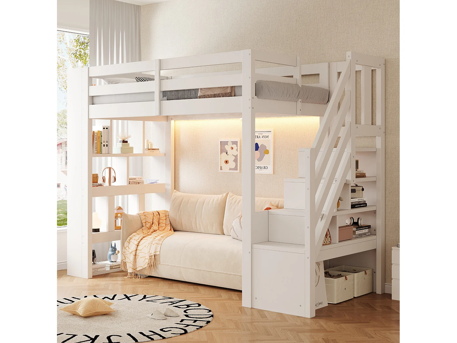 Hochbett aus Holz 90 x 200 cm – mit Regalen – mit Treppe mit Stauraum – mit LED-Beleuchtung – Weiß (Matratze nicht enthalten)