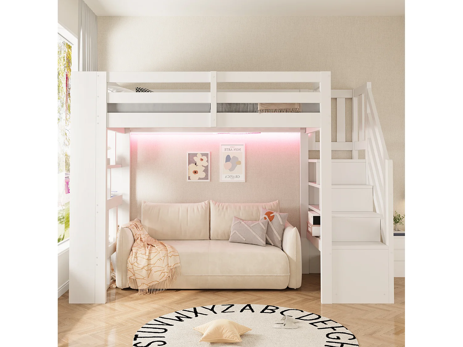Hochbett aus Holz 90 x 200 cm – mit Regalen – mit Treppe mit Stauraum – mit LED-Beleuchtung – Weiß (Matratze nicht enthalten)