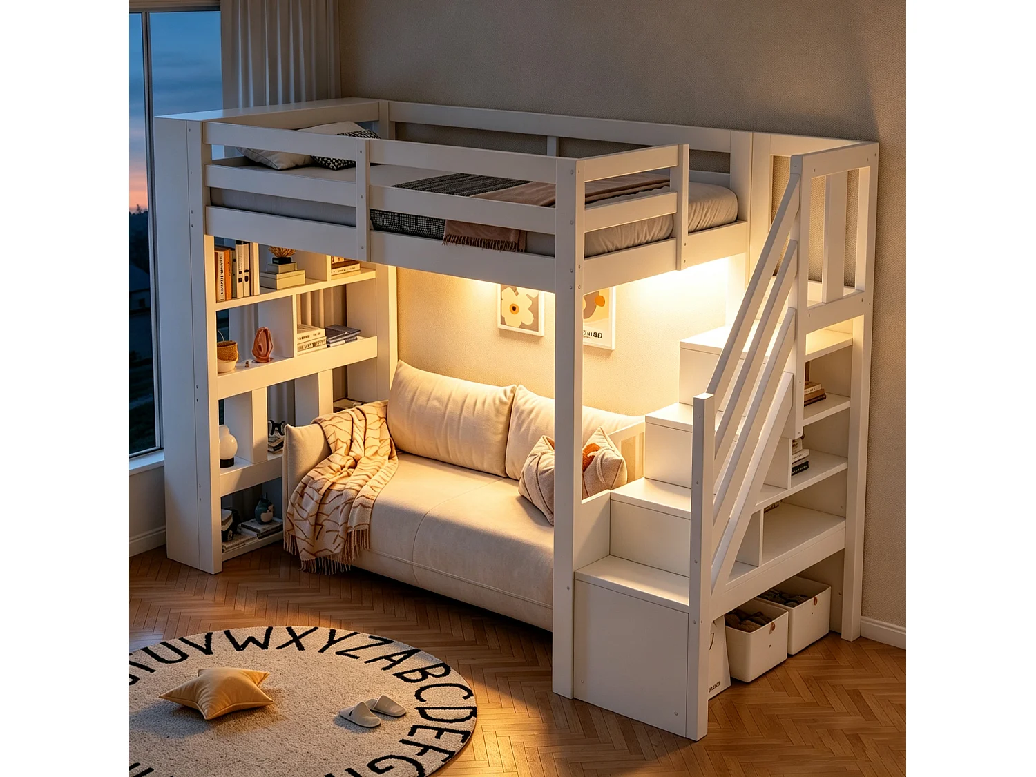 Hochbett aus Holz 90 x 200 cm – mit Regalen – mit Treppe mit Stauraum – mit LED-Beleuchtung – Weiß (Matratze nicht enthalten)
