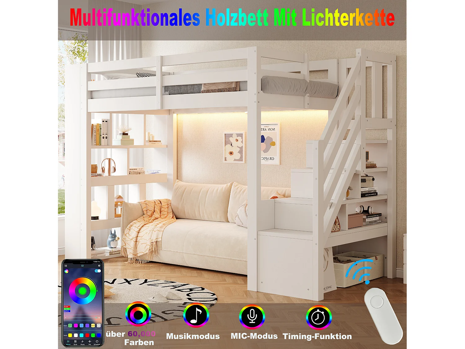 Hochbett aus Holz 90 x 200 cm – mit Regalen – mit Treppe mit Stauraum – mit LED-Beleuchtung – Weiß (Matratze nicht enthalten)