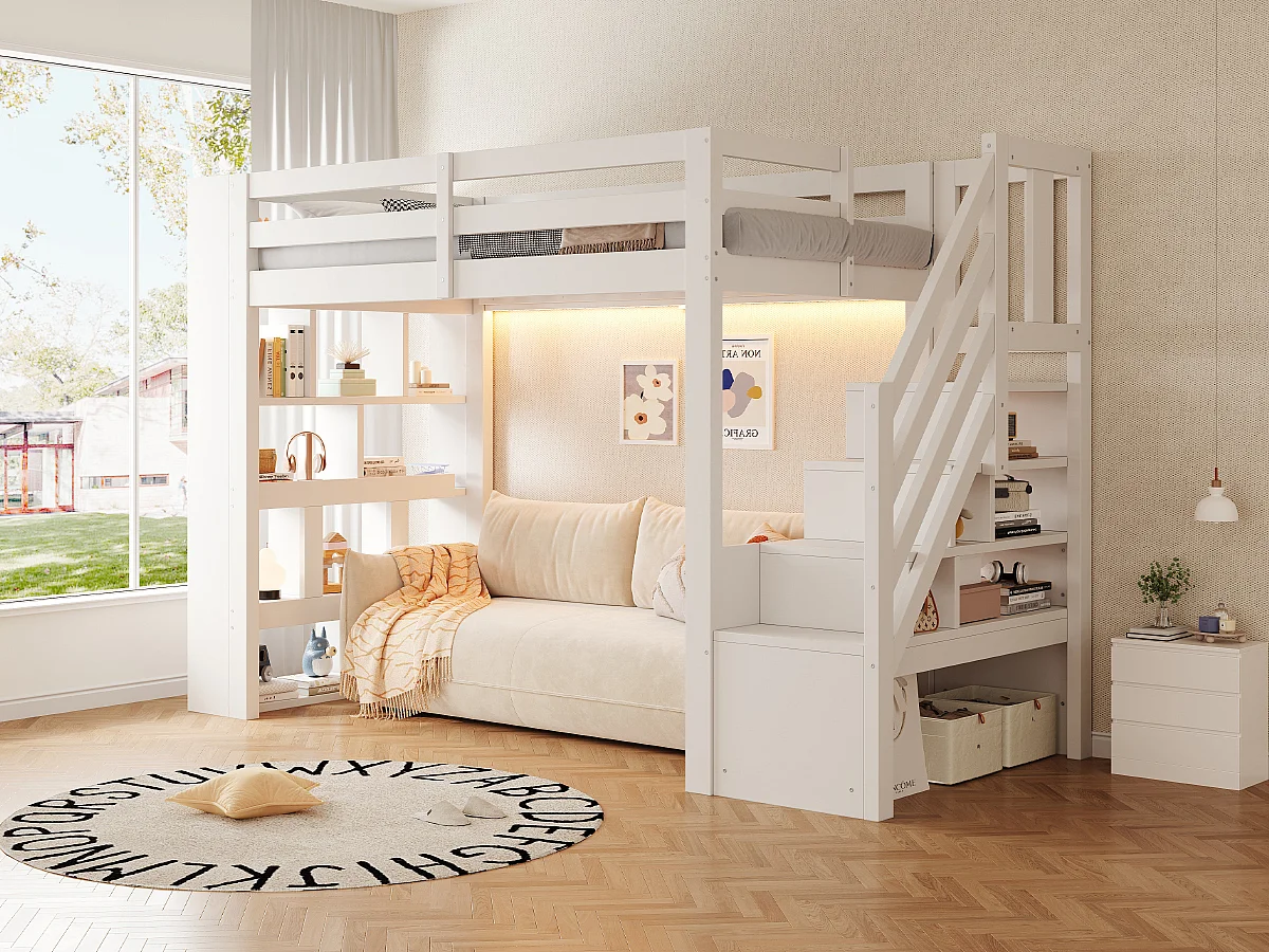 Hochbett aus Holz 90 x 200 cm – mit Regalen – mit Treppe mit Stauraum – mit LED-Beleuchtung – Weiß (Matratze nicht enthalten)