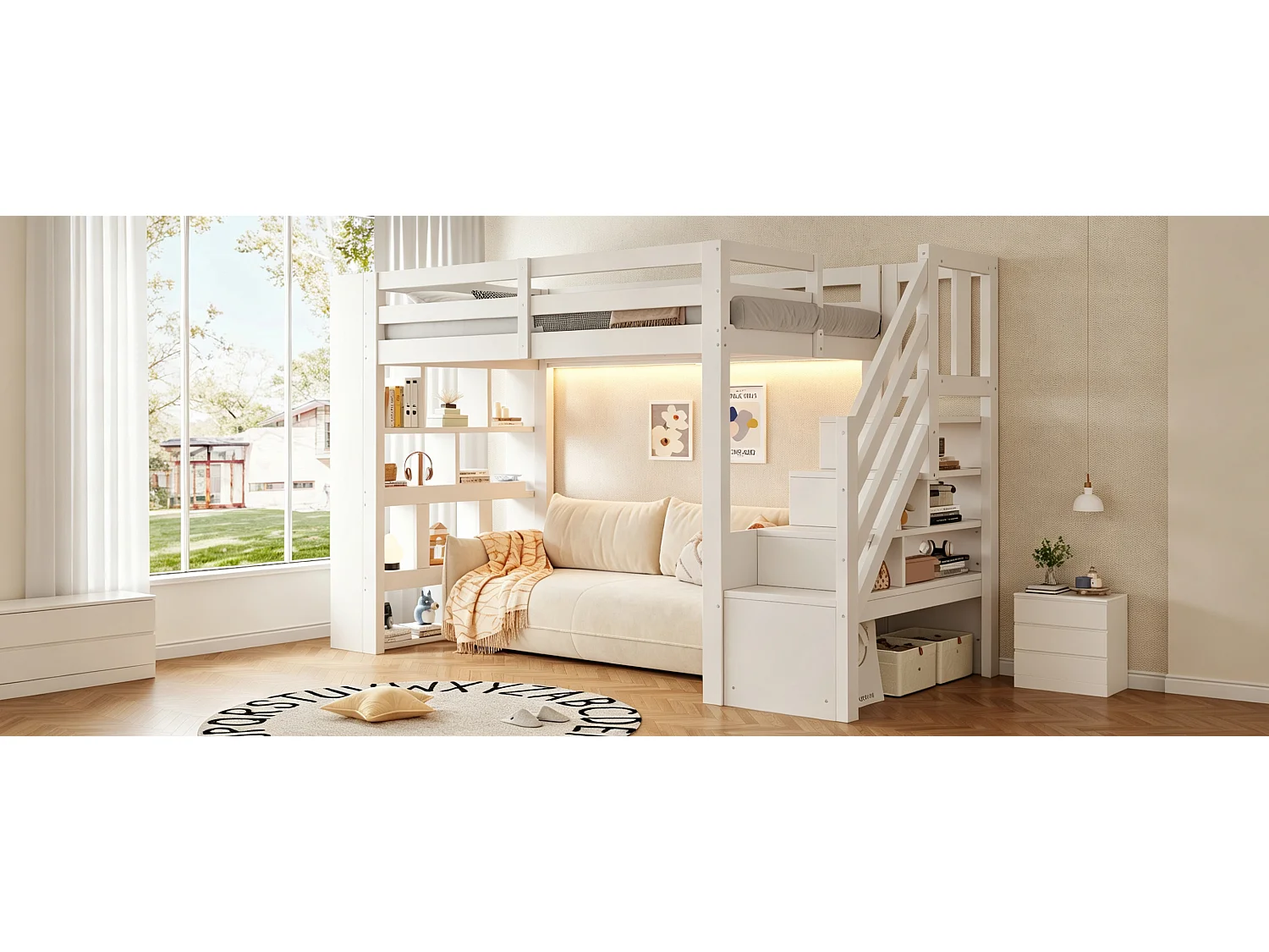 Hochbett aus Holz 90 x 200 cm – mit Regalen – mit Treppe mit Stauraum – mit LED-Beleuchtung – Weiß (Matratze nicht enthalten)