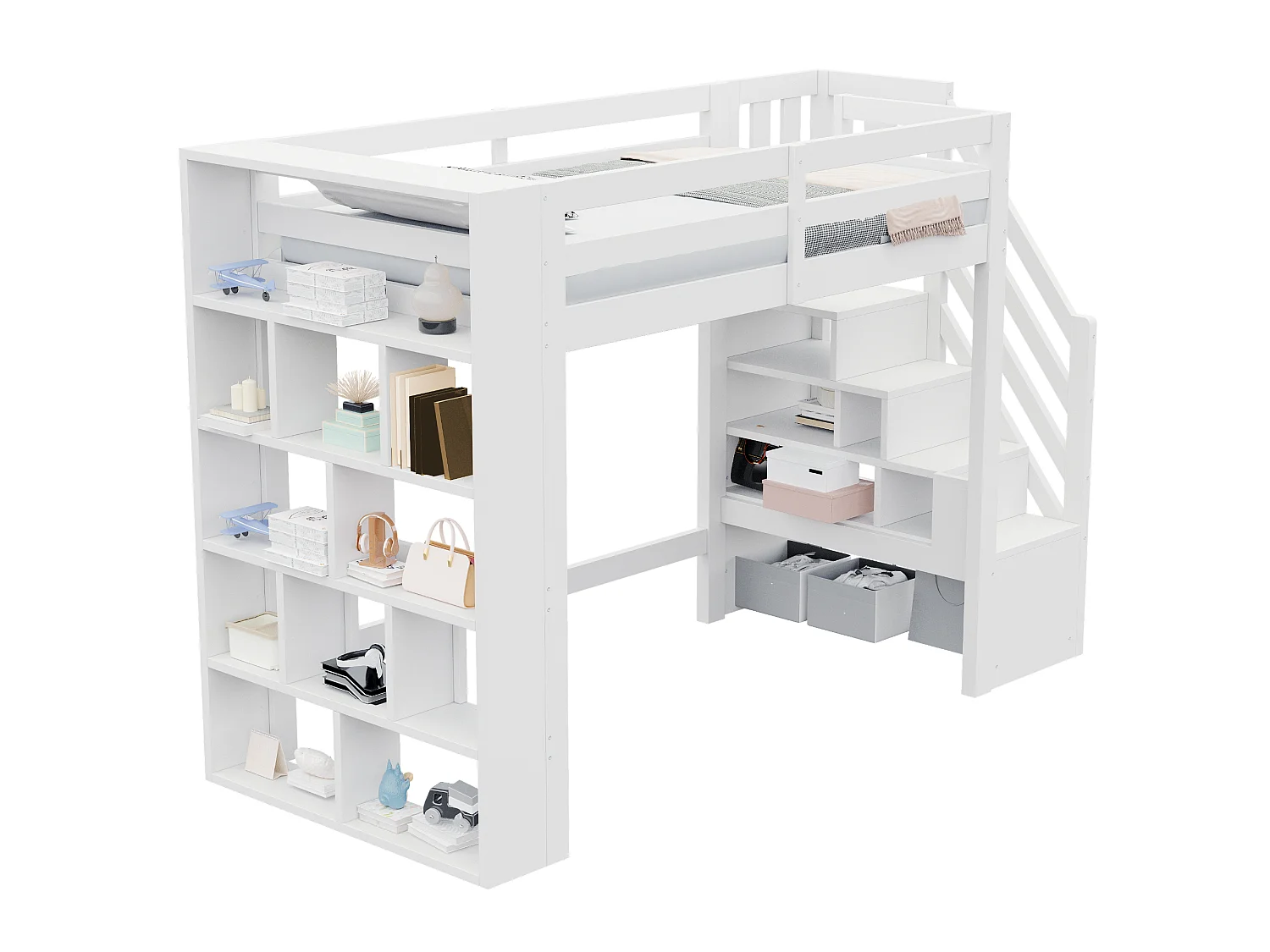 Hochbett aus Holz 90 x 200 cm – mit Regalen – mit Treppe mit Stauraum – mit LED-Beleuchtung – Weiß (Matratze nicht enthalten)