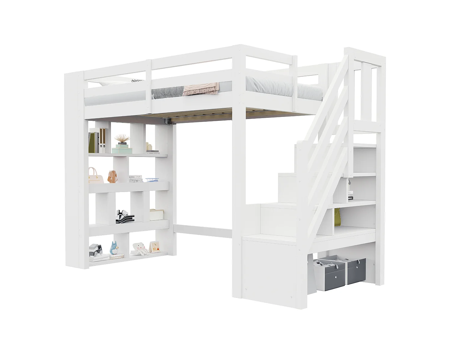 Hochbett aus Holz 90 x 200 cm – mit Regalen – mit Treppe mit Stauraum – mit LED-Beleuchtung – Weiß (Matratze nicht enthalten)