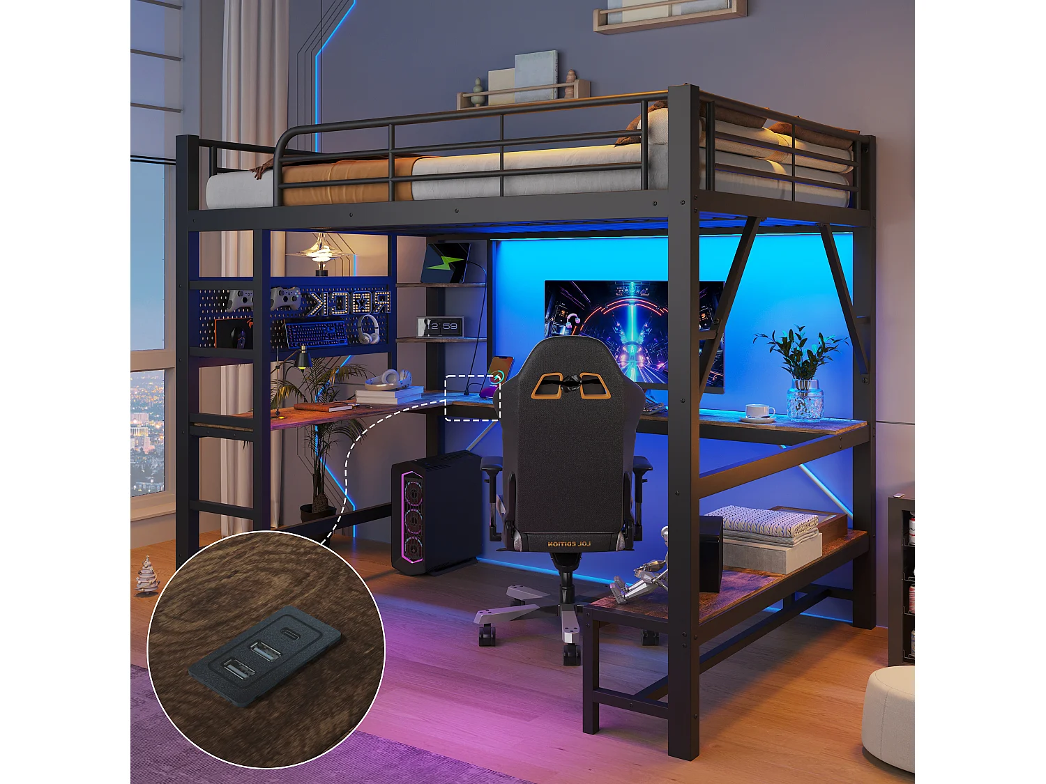 Hochbett 160 x 200 cm – mit Schreibtisch - Sicherheitsgittern und Leiter – mit USB- und Typ-C-Anschlüssen – mit LED-Beleuchtung – Schwarz (Matratze nicht enthalten)
