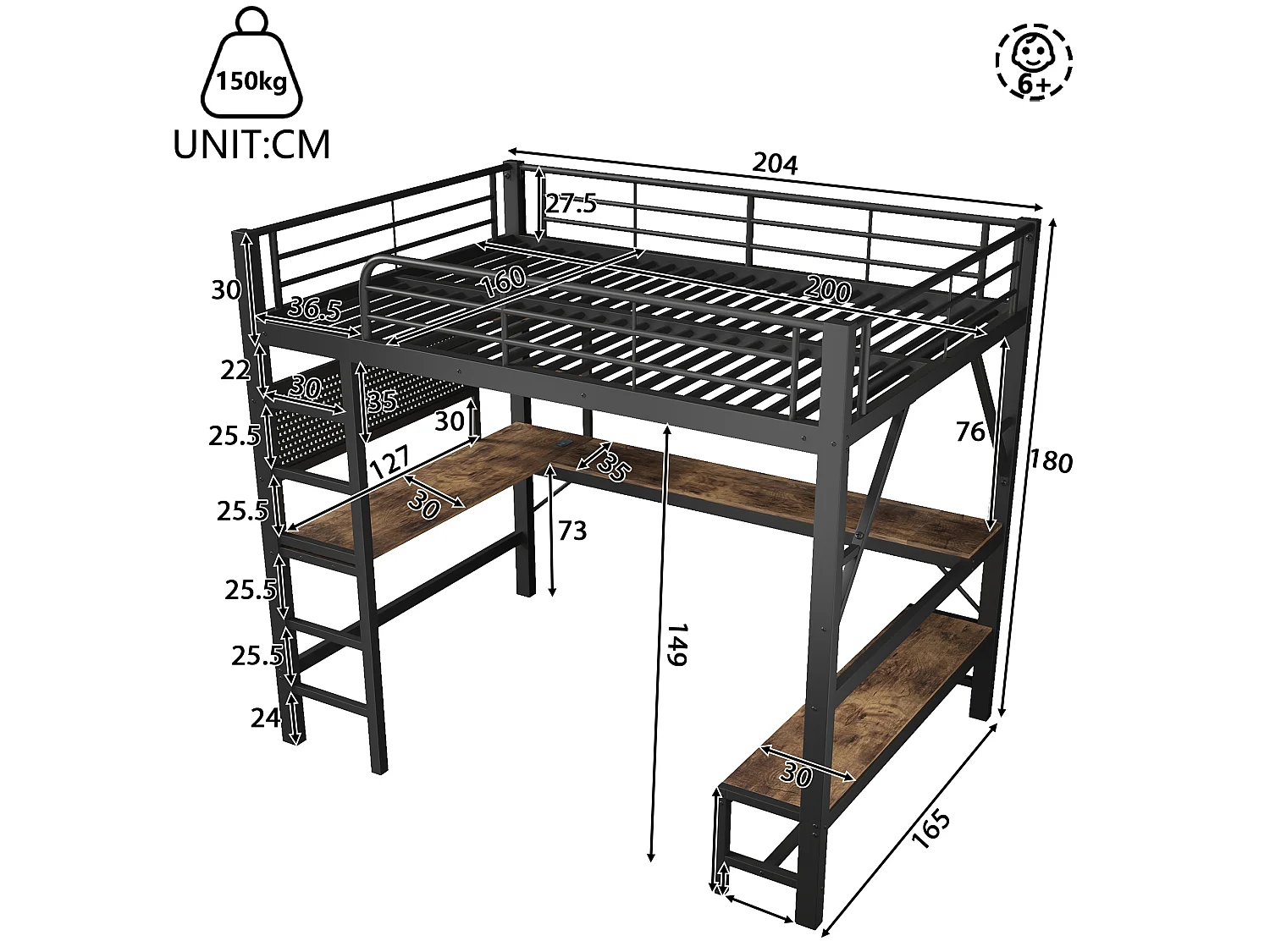 Hochbett 160 x 200 cm – mit Schreibtisch - Sicherheitsgittern und Leiter – mit USB- und Typ-C-Anschlüssen – mit LED-Beleuchtung – Schwarz (Matratze nicht enthalten)