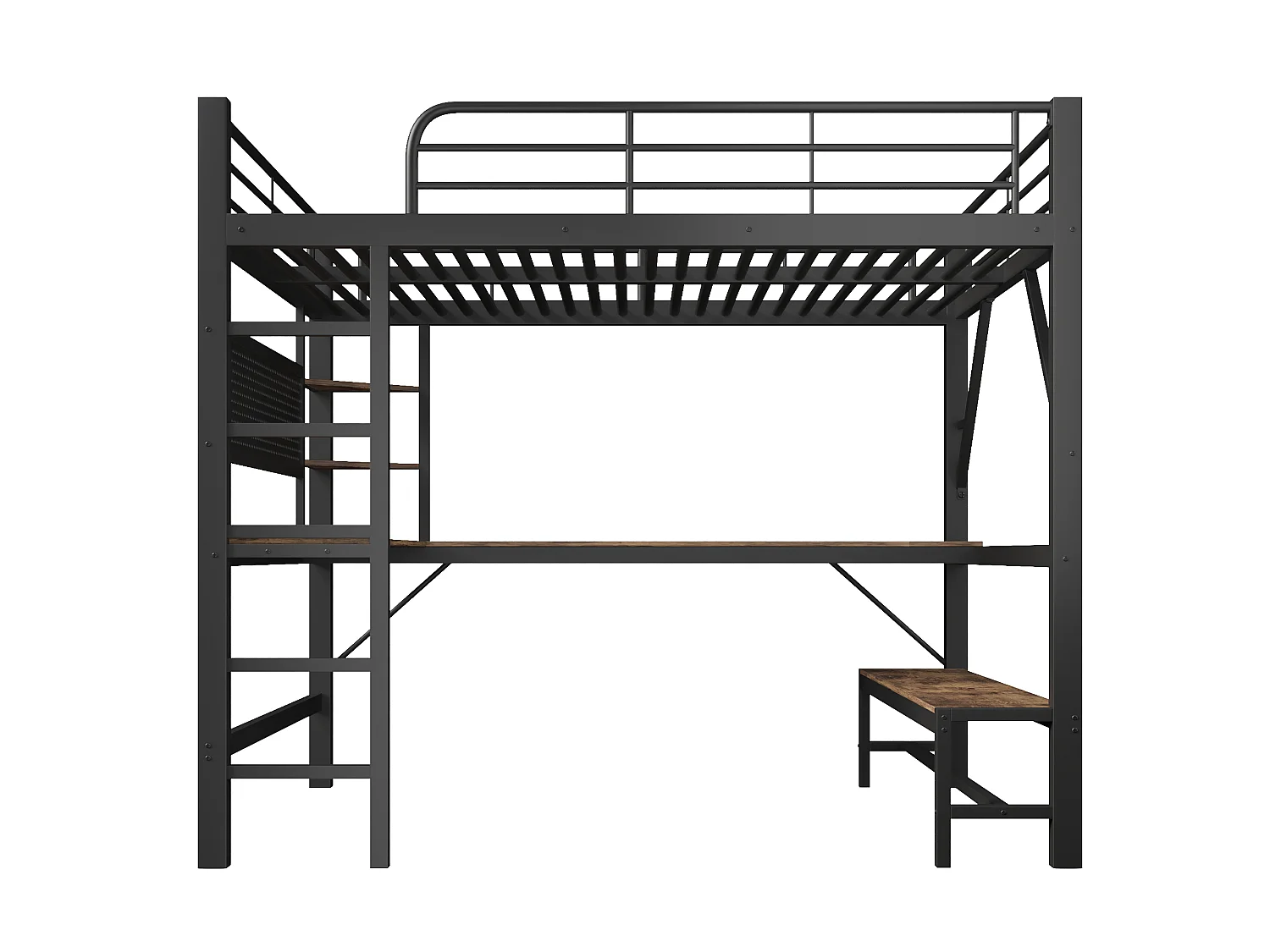 Hochbett 160 x 200 cm – mit Schreibtisch - Sicherheitsgittern und Leiter – mit USB- und Typ-C-Anschlüssen – mit LED-Beleuchtung – Schwarz (Matratze nicht enthalten)