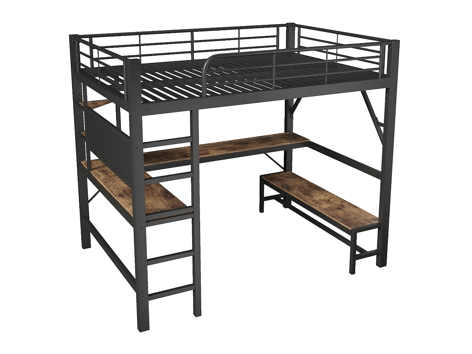 Hochbett 160 x 200 cm – mit Schreibtisch - Sicherheitsgittern und Leiter – mit USB- und Typ-C-Anschlüssen – mit LED-Beleuchtung – Schwarz (Matratze nicht enthalten)