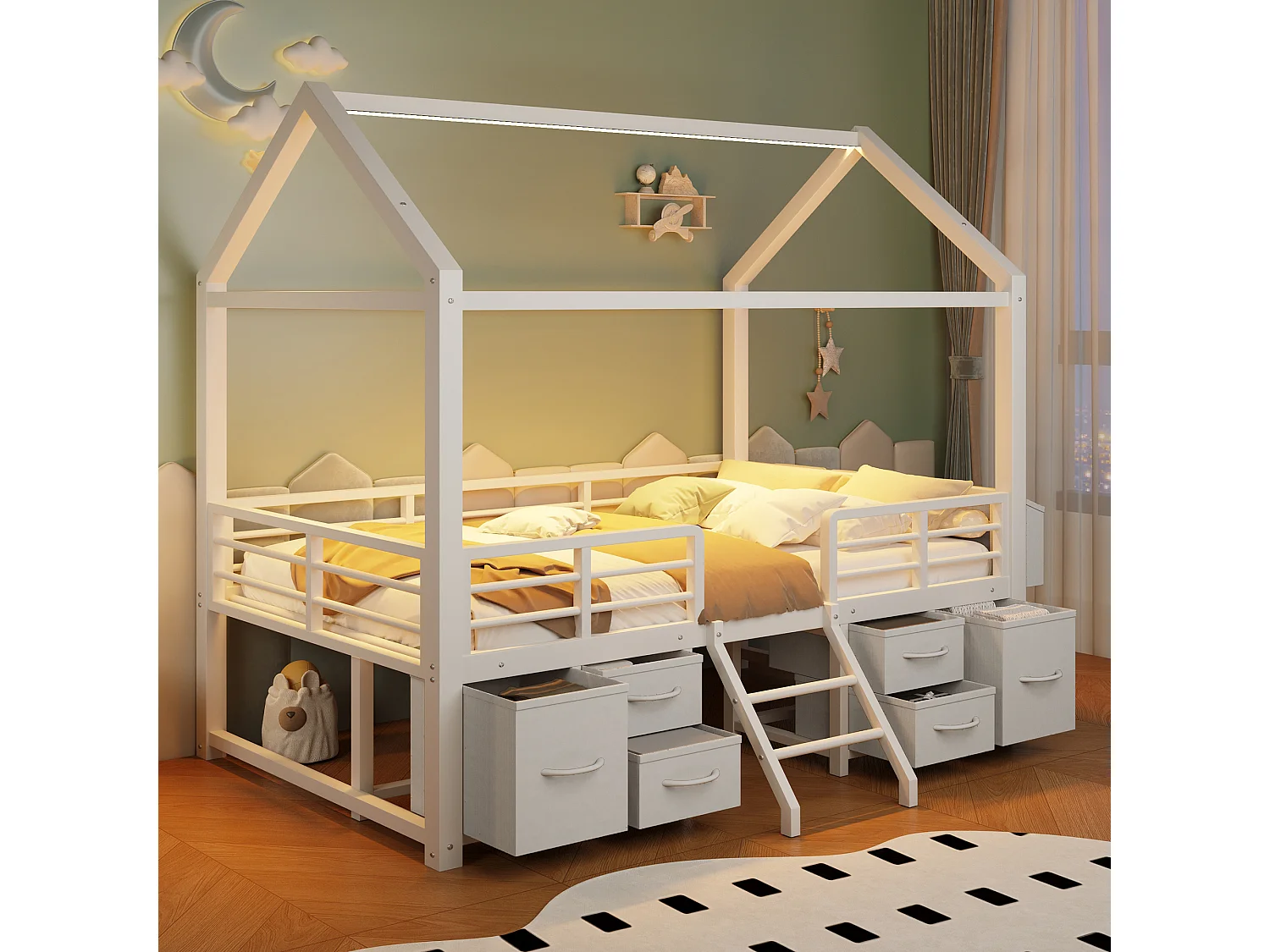 Kinderbett 90x200 cm mit Dach - LED-Beleuchtung - Hausbett mit 6 Stoffschubladen und Stauraum - Metall - Weiß (ohne Matratze)