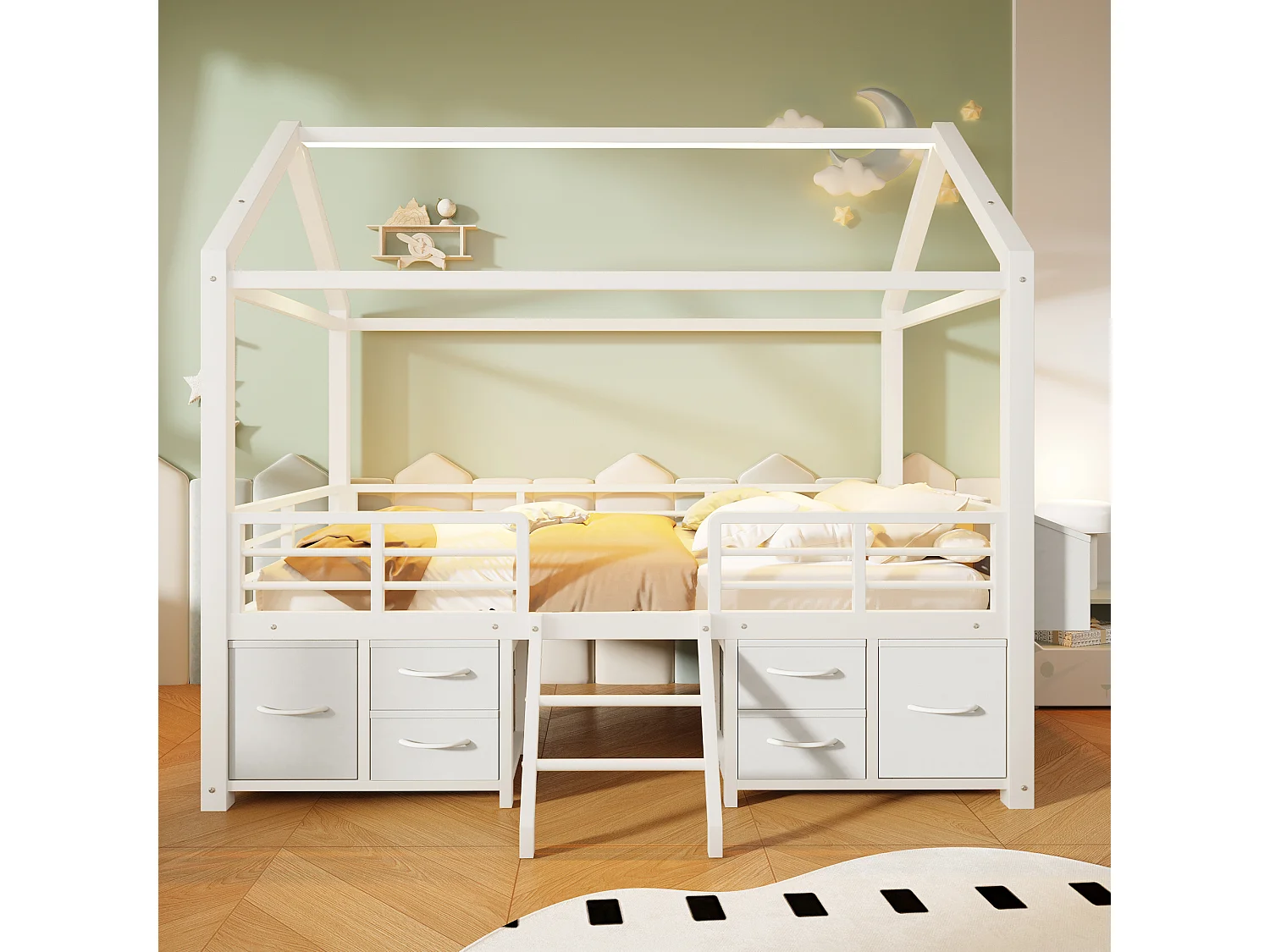 Kinderbett 90x200 cm mit Dach - LED-Beleuchtung - Hausbett mit 6 Stoffschubladen und Stauraum - Metall - Weiß (ohne Matratze)