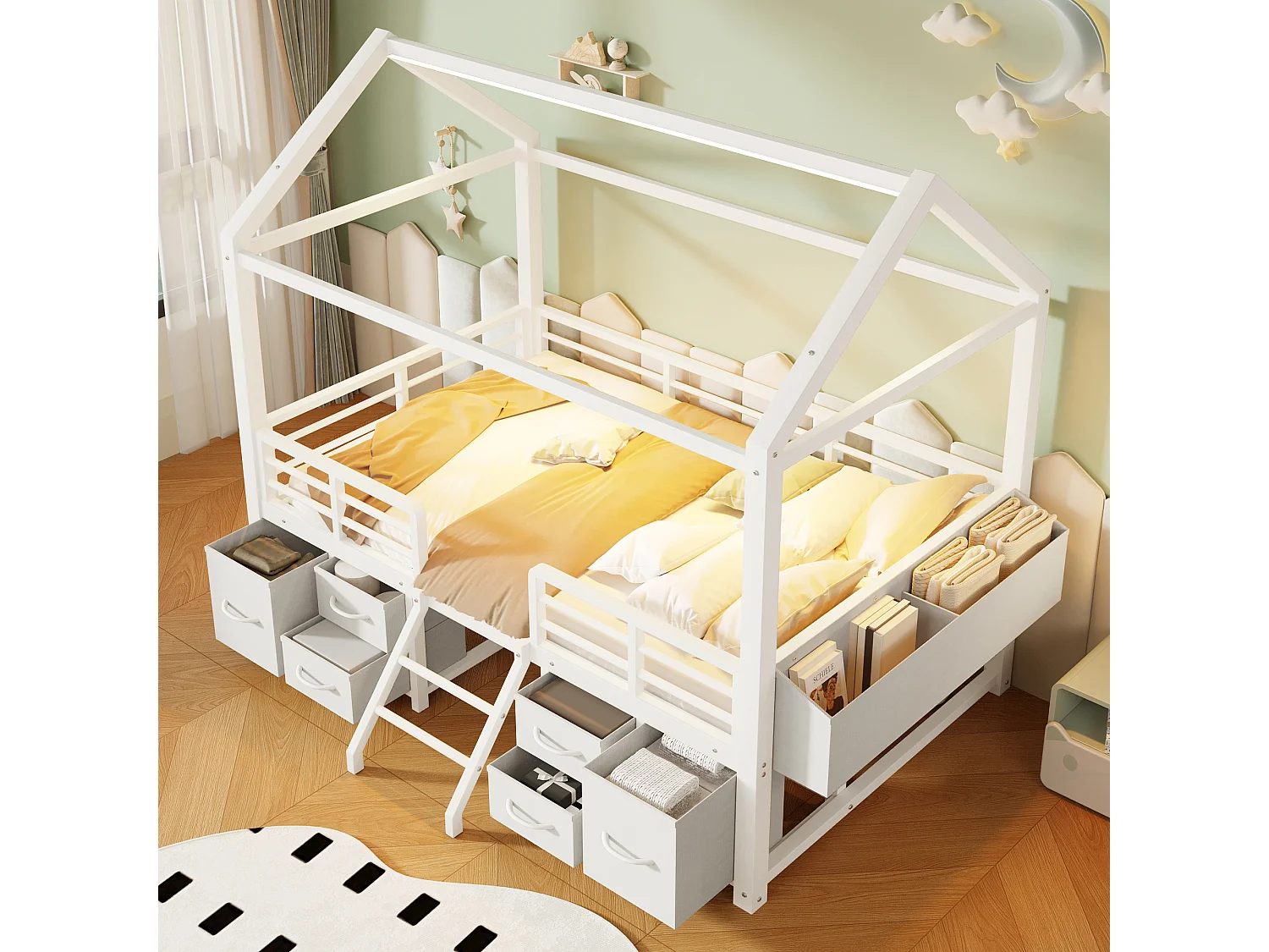 Kinderbett 90x200 cm mit Dach - LED-Beleuchtung - Hausbett mit 6 Stoffschubladen und Stauraum - Metall - Weiß (ohne Matratze)