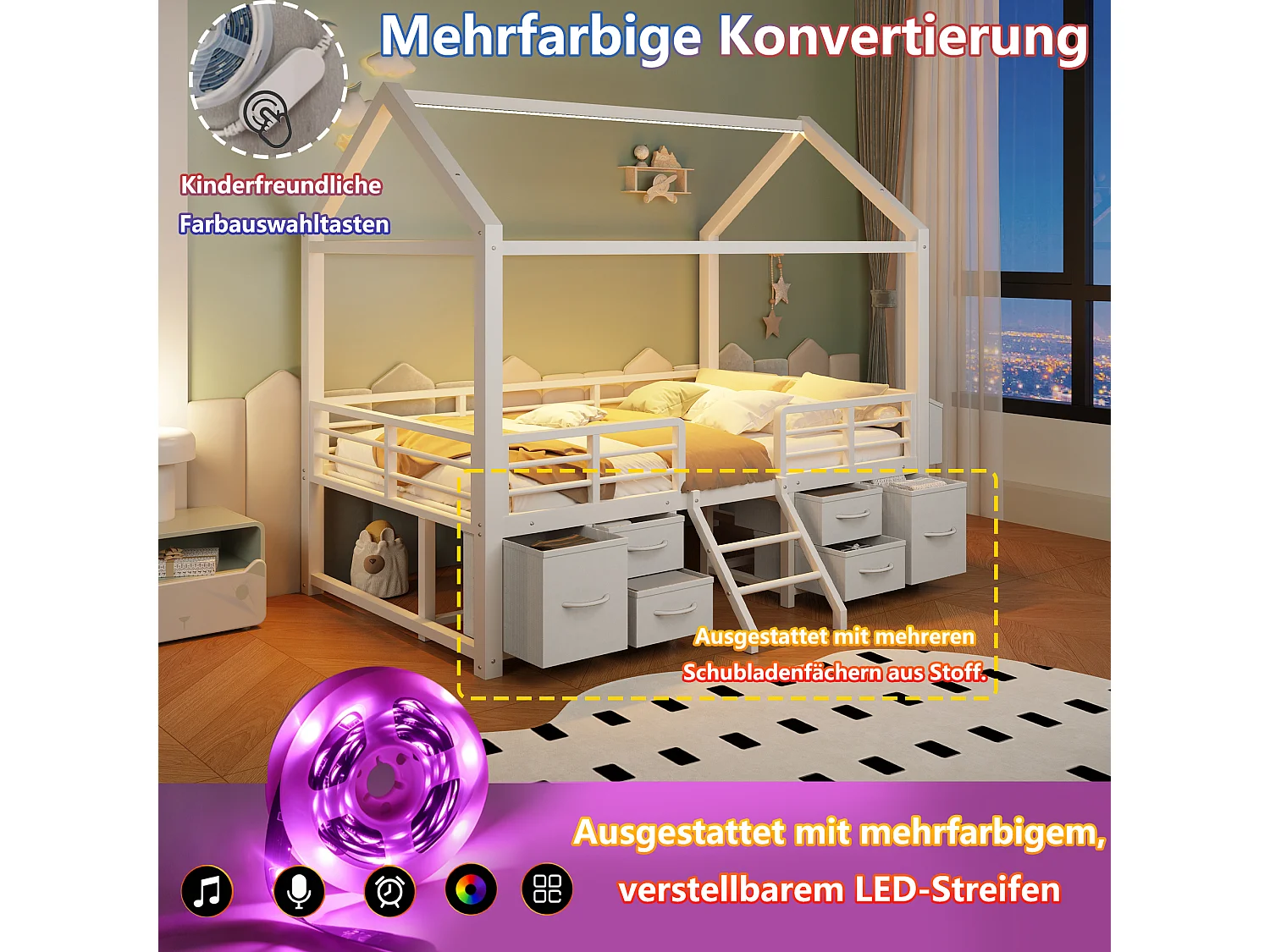 Kinderbett 90x200 cm mit Dach - LED-Beleuchtung - Hausbett mit 6 Stoffschubladen und Stauraum - Metall - Weiß (ohne Matratze)