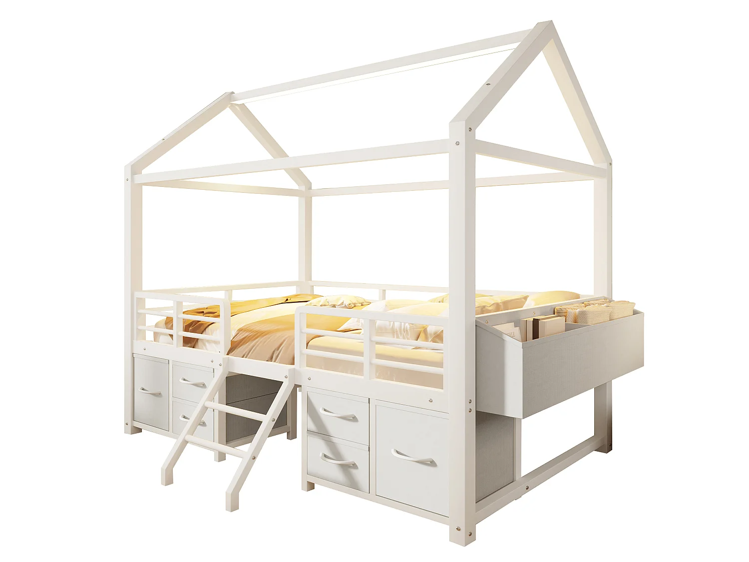 Kinderbett 90x200 cm mit Dach - LED-Beleuchtung - Hausbett mit 6 Stoffschubladen und Stauraum - Metall - Weiß (ohne Matratze)