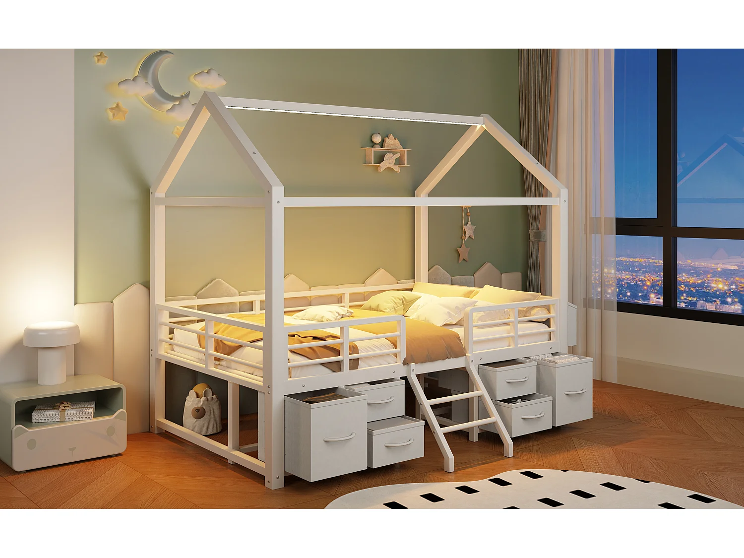 Kinderbett 90x200 cm mit Dach - LED-Beleuchtung - Hausbett mit 6 Stoffschubladen und Stauraum - Metall - Weiß (ohne Matratze)
