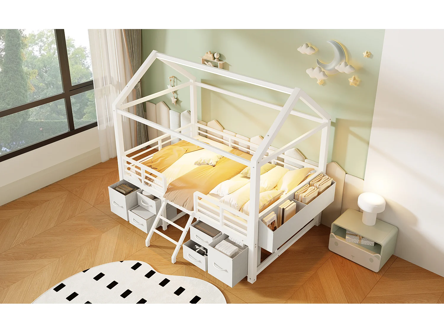 Kinderbett 90x200 cm mit Dach - LED-Beleuchtung - Hausbett mit 6 Stoffschubladen und Stauraum - Metall - Weiß (ohne Matratze)