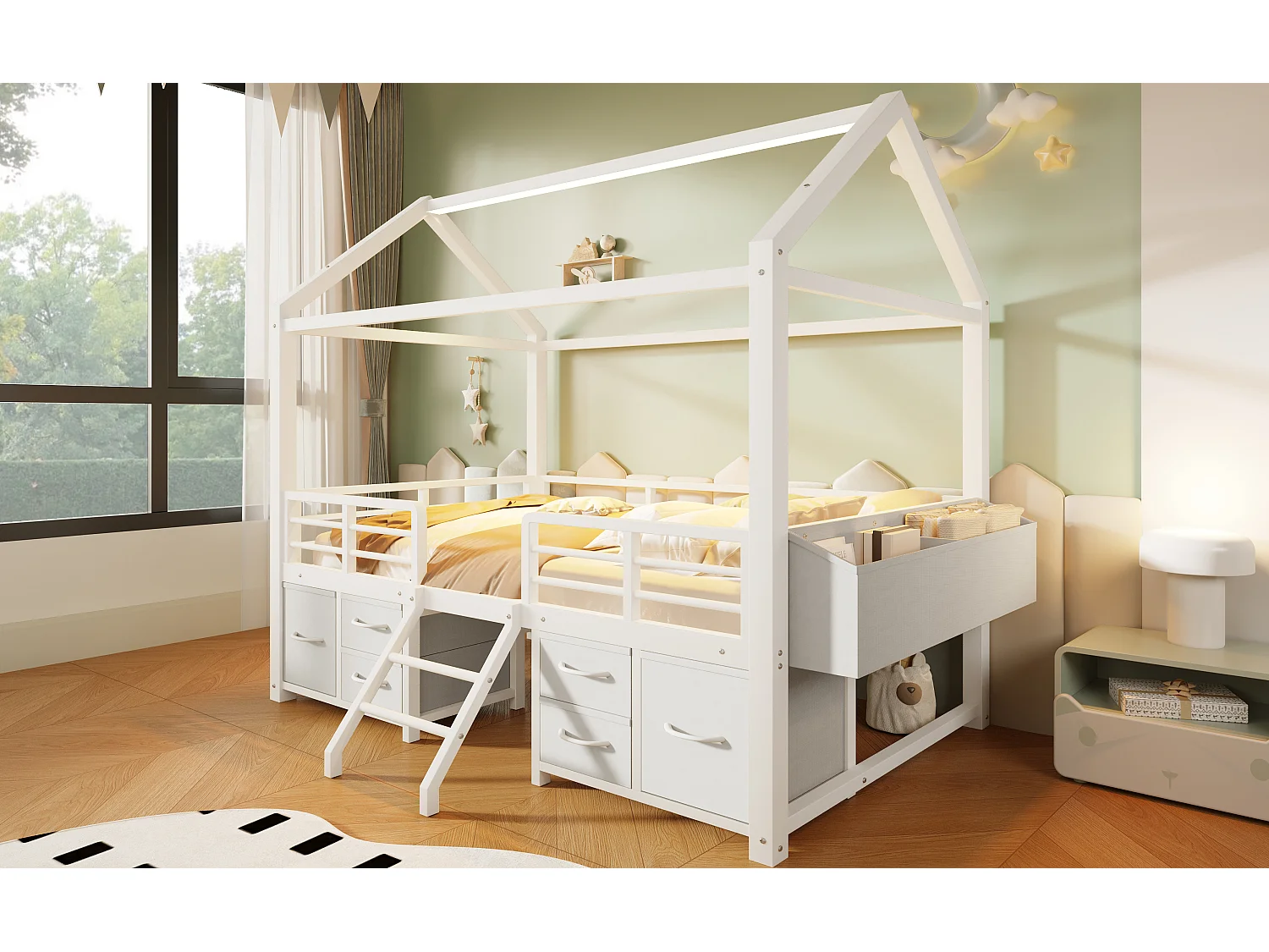 Kinderbett 90x200 cm mit Dach - LED-Beleuchtung - Hausbett mit 6 Stoffschubladen und Stauraum - Metall - Weiß (ohne Matratze)