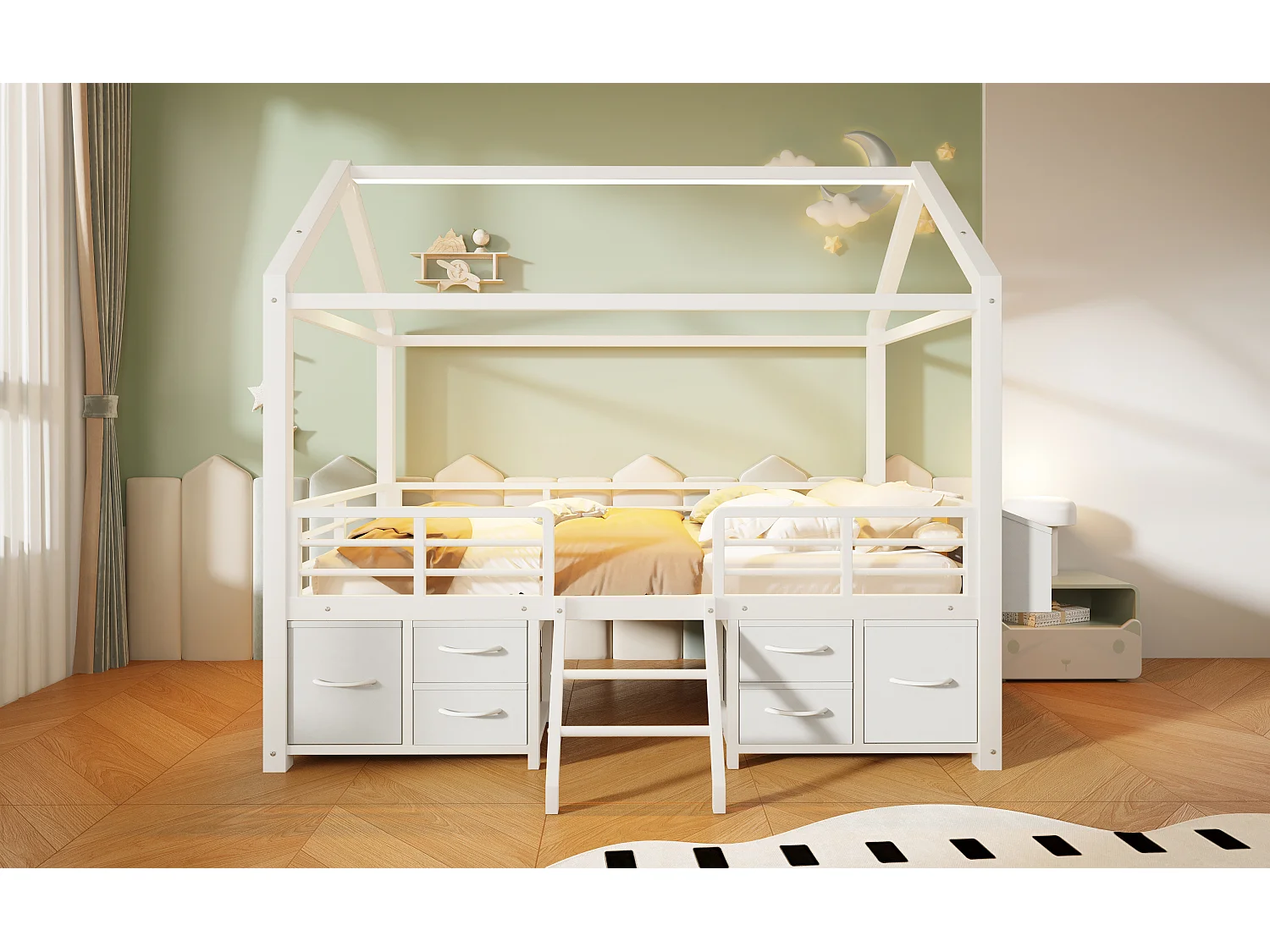Kinderbett 90x200 cm mit Dach - LED-Beleuchtung - Hausbett mit 6 Stoffschubladen und Stauraum - Metall - Weiß (ohne Matratze)