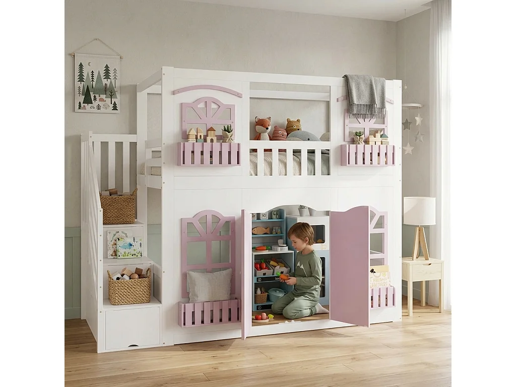 Lit superposé enfant 90x200 cm - avec portes et fenêtres - escalier avec rangements - rayonnage de stockage - Bois massif + MDF - Blanc + Rose (sans matelas)