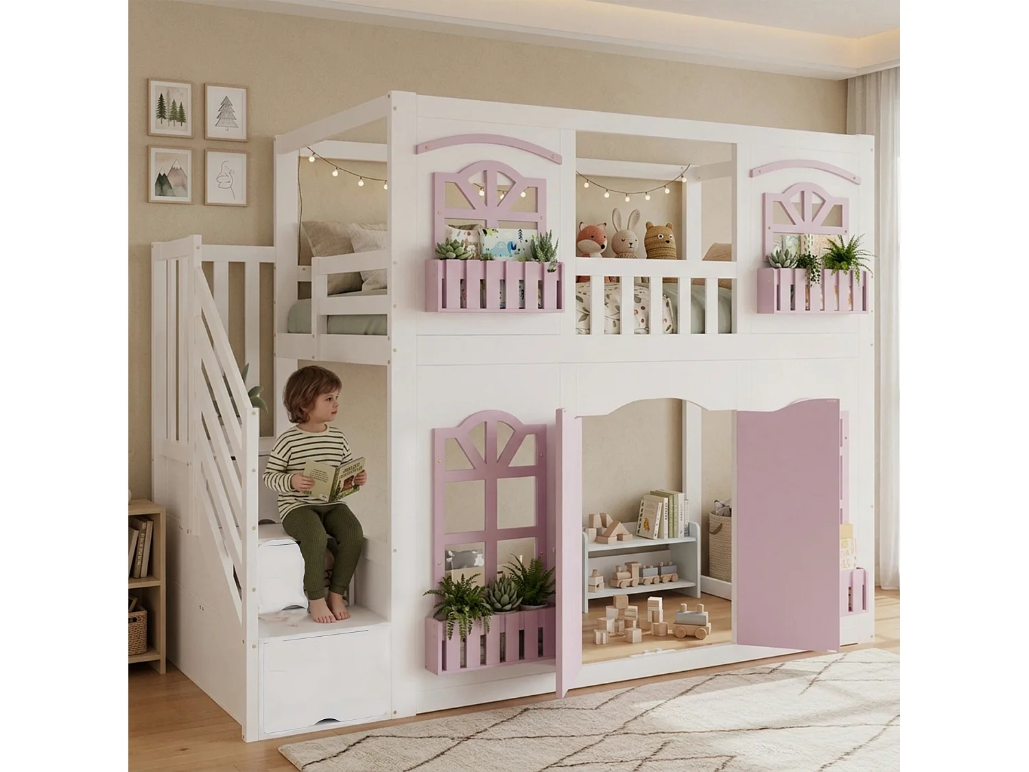 Lit superposé enfant 90x200 cm - avec portes et fenêtres - escalier avec rangements - rayonnage de stockage - Bois massif + MDF - Blanc + Rose (sans matelas)