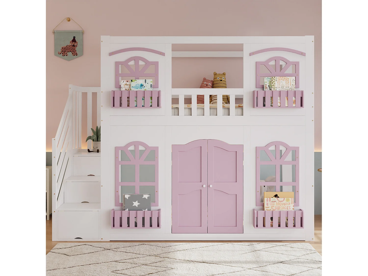 Lit superposé enfant 90x200 cm - avec portes et fenêtres - escalier avec rangements - rayonnage de stockage - Bois massif + MDF - Blanc + Rose (sans matelas)