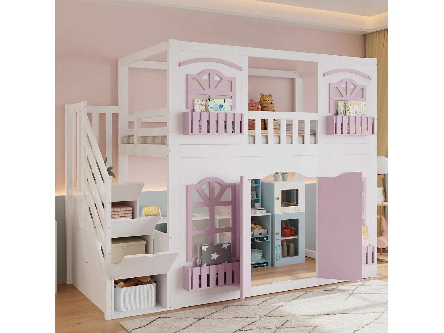 Lit superposé enfant 90x200 cm - avec portes et fenêtres - escalier avec rangements - rayonnage de stockage - Bois massif + MDF - Blanc + Rose (sans matelas)