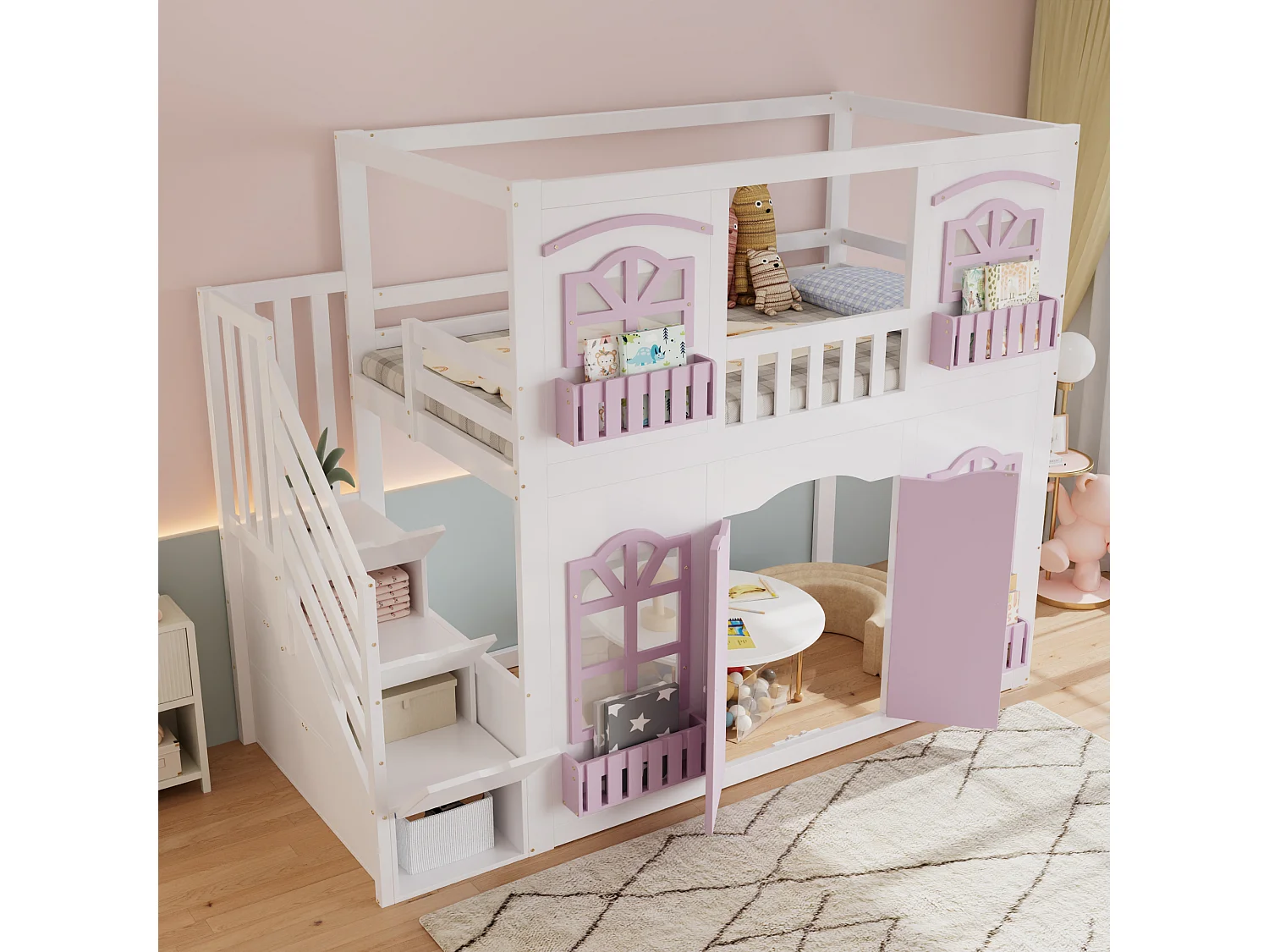 Lit superposé enfant 90x200 cm - avec portes et fenêtres - escalier avec rangements - rayonnage de stockage - Bois massif + MDF - Blanc + Rose (sans matelas)