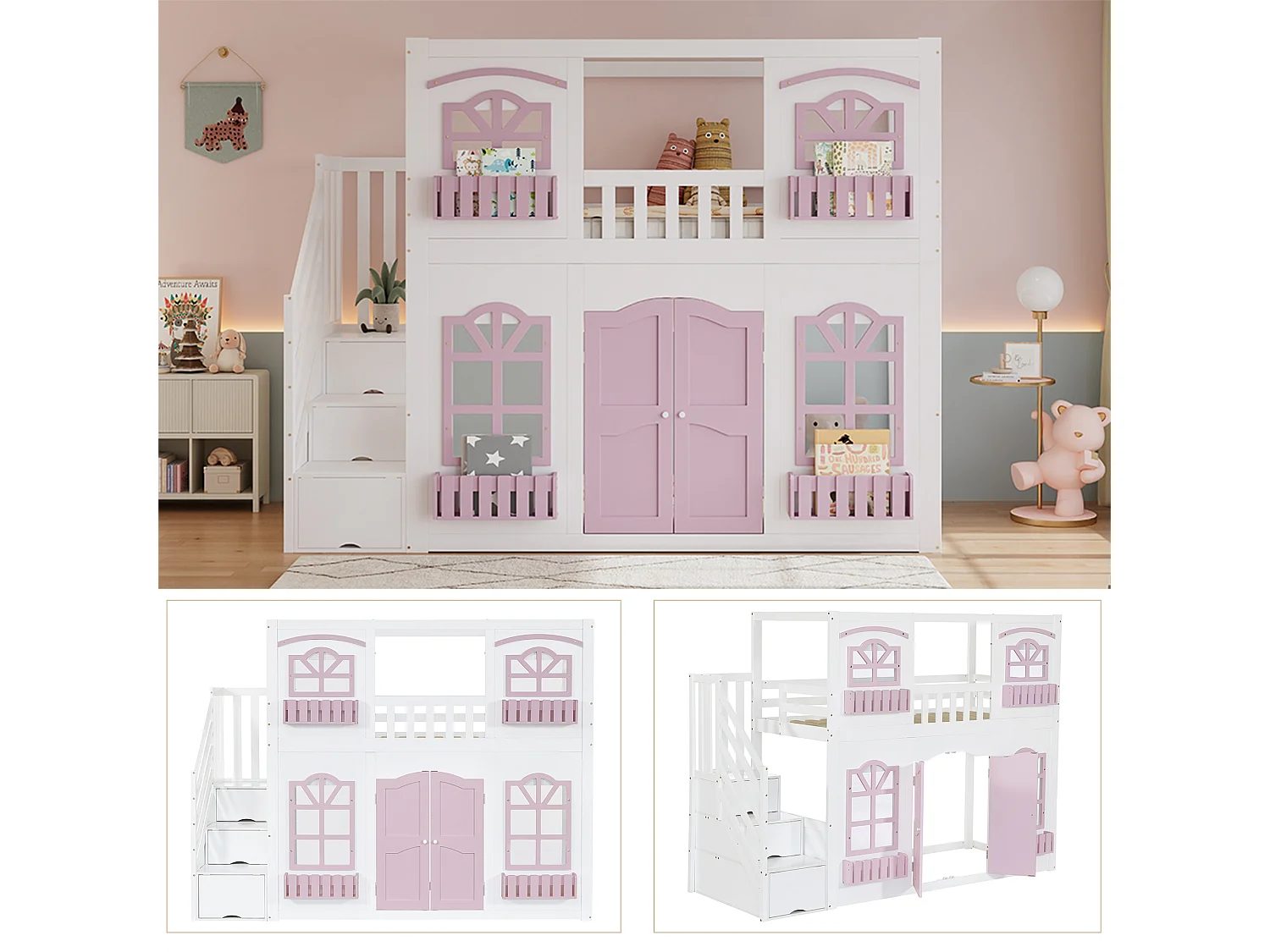 Lit superposé enfant 90x200 cm - avec portes et fenêtres - escalier avec rangements - rayonnage de stockage - Bois massif + MDF - Blanc + Rose (sans matelas)