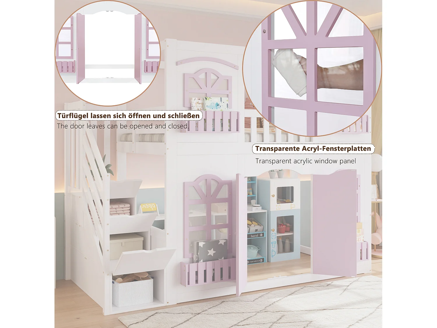 Lit superposé enfant 90x200 cm - avec portes et fenêtres - escalier avec rangements - rayonnage de stockage - Bois massif + MDF - Blanc + Rose (sans matelas)