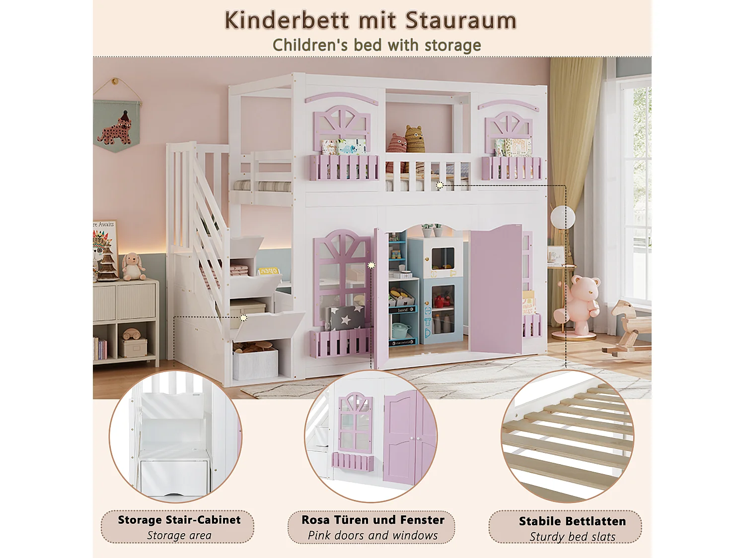 Lit superposé enfant 90x200 cm - avec portes et fenêtres - escalier avec rangements - rayonnage de stockage - Bois massif + MDF - Blanc + Rose (sans matelas)