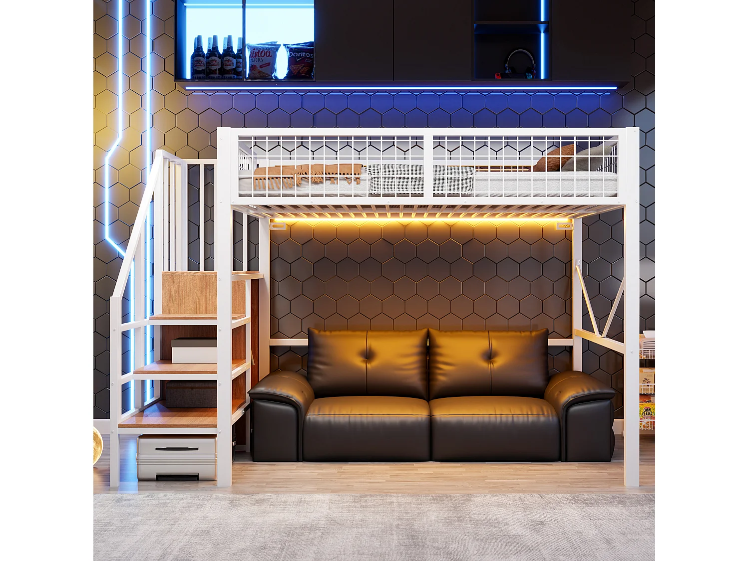 Metall-Hochbett 140 x 200 cm – mit Leiter – mit LED-Beleuchtung – mit Sicherheitsgittern – weiß (Matratze nicht enthalten)